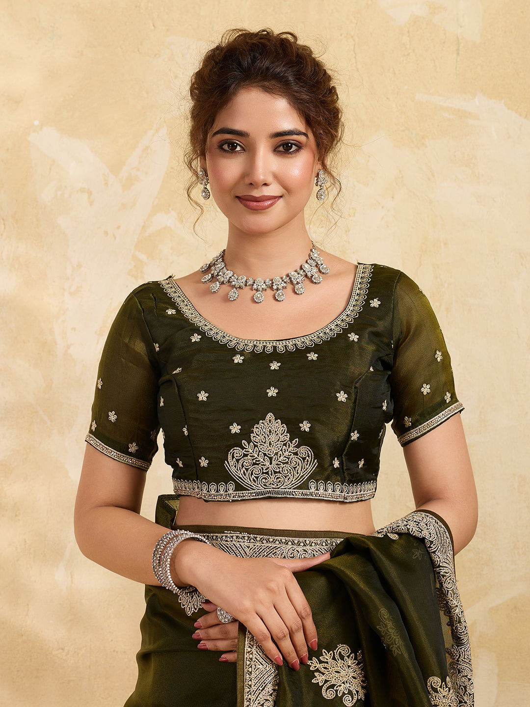 Olive Green Silk Embroidery & Stonework Saree with Matiching Blouse Piece