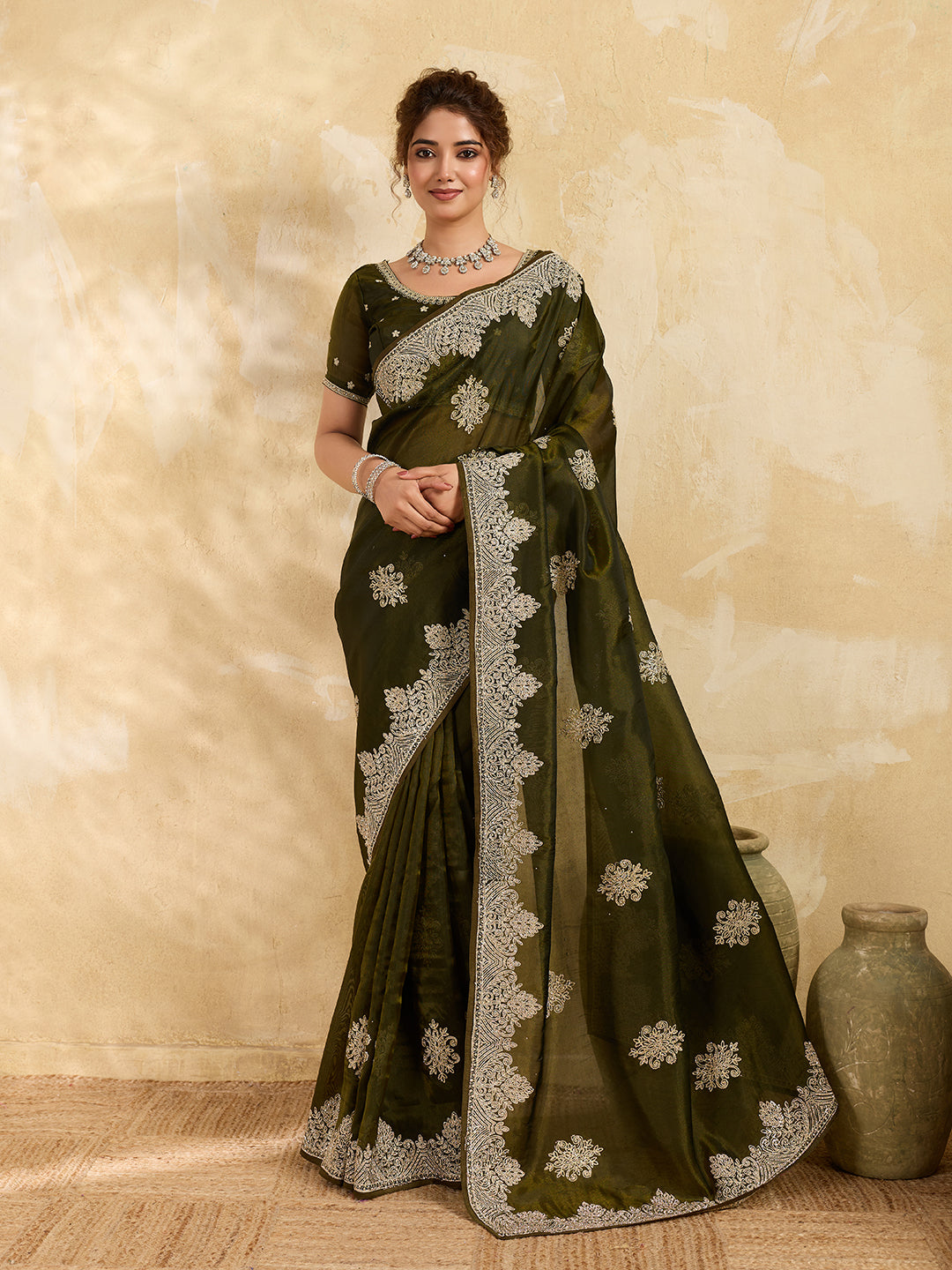 Olive Green Silk Embroidery & Stonework Saree with Matiching Blouse Piece