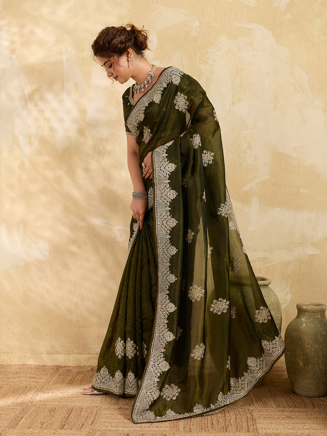 Olive Green Silk Embroidery & Stonework Saree with Matiching Blouse Piece