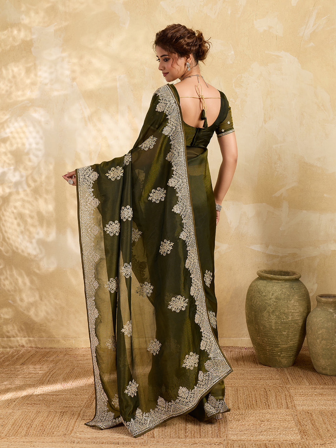 Olive Green Silk Embroidery & Stonework Saree with Matiching Blouse Piece
