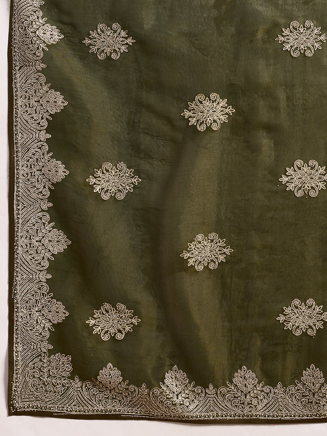 Olive Green Silk Embroidery & Stonework Saree with Matiching Blouse Piece