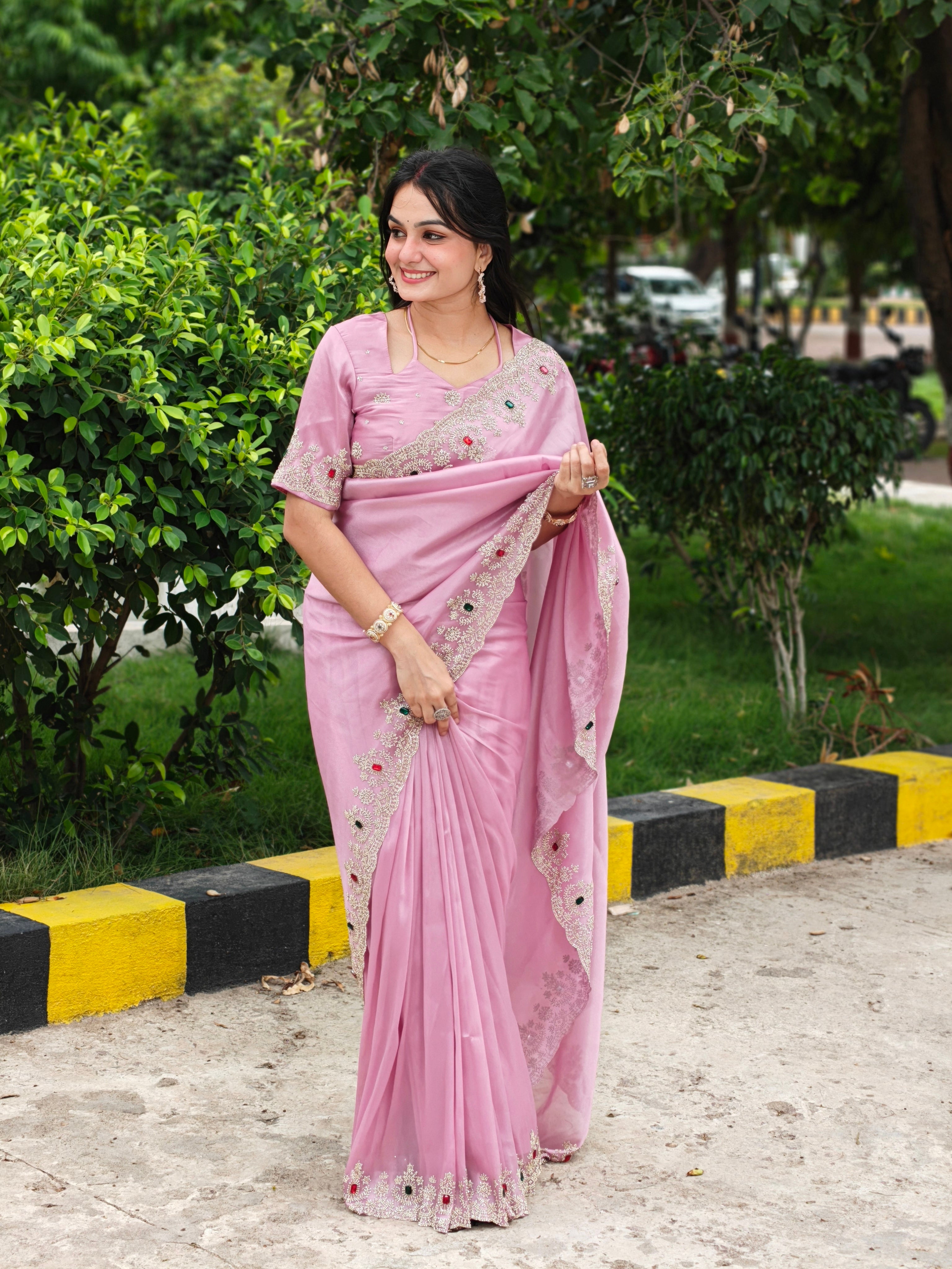 Lilac Shimmer Tissue Kundan Stonework Saree with Red & Green Gemstone Border