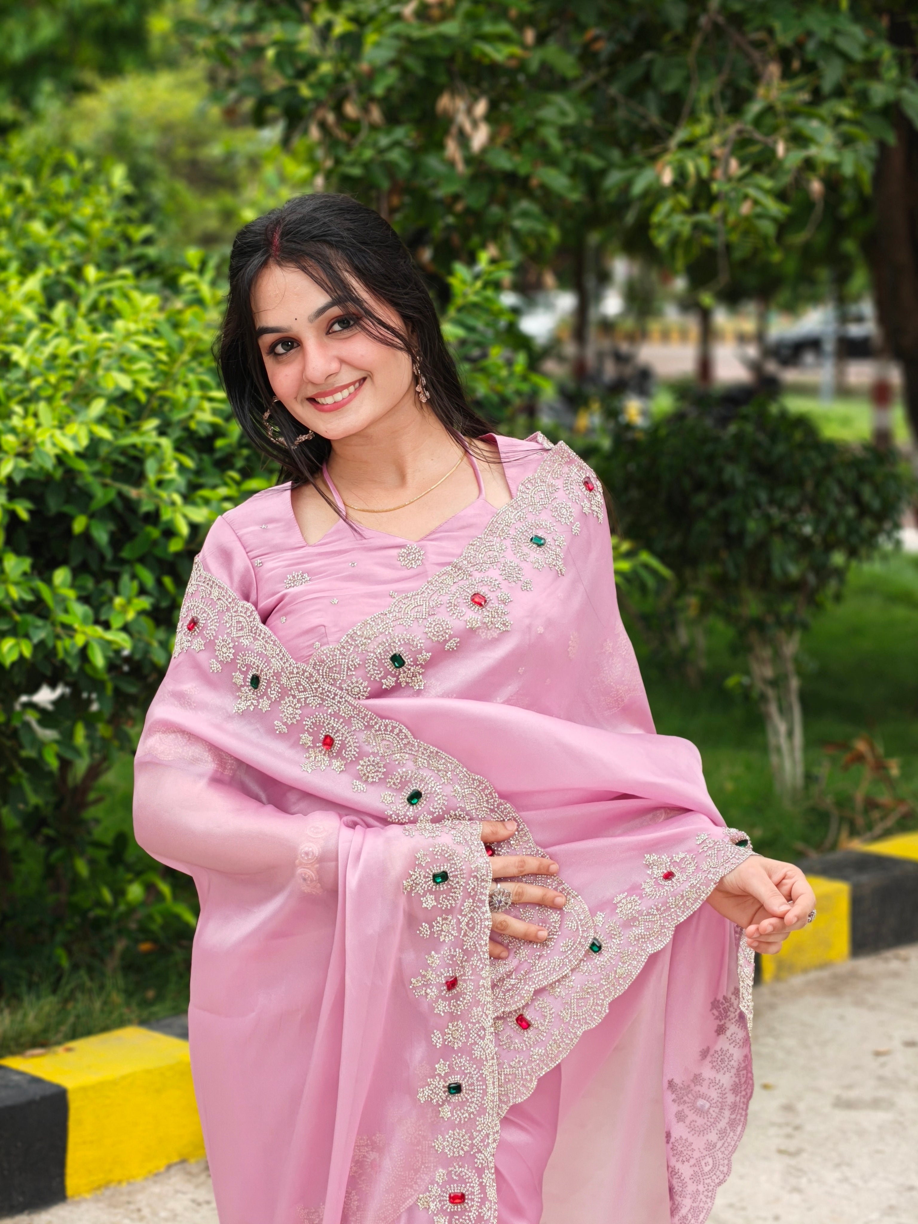 Lilac Shimmer Tissue Kundan Stonework Saree with Red & Green Gemstone Border