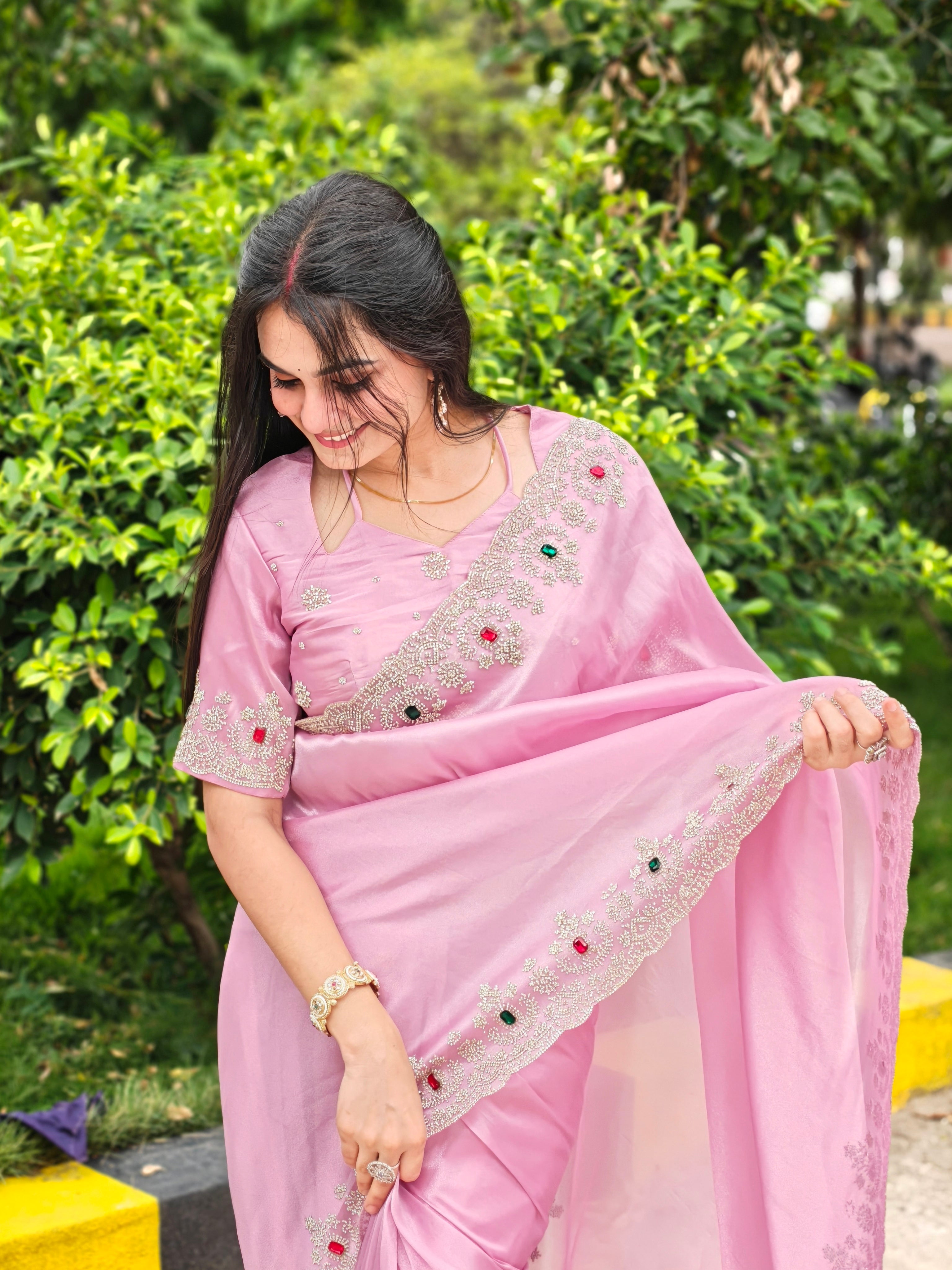 Lilac Shimmer Tissue Kundan Stonework Saree with Red & Green Gemstone Border