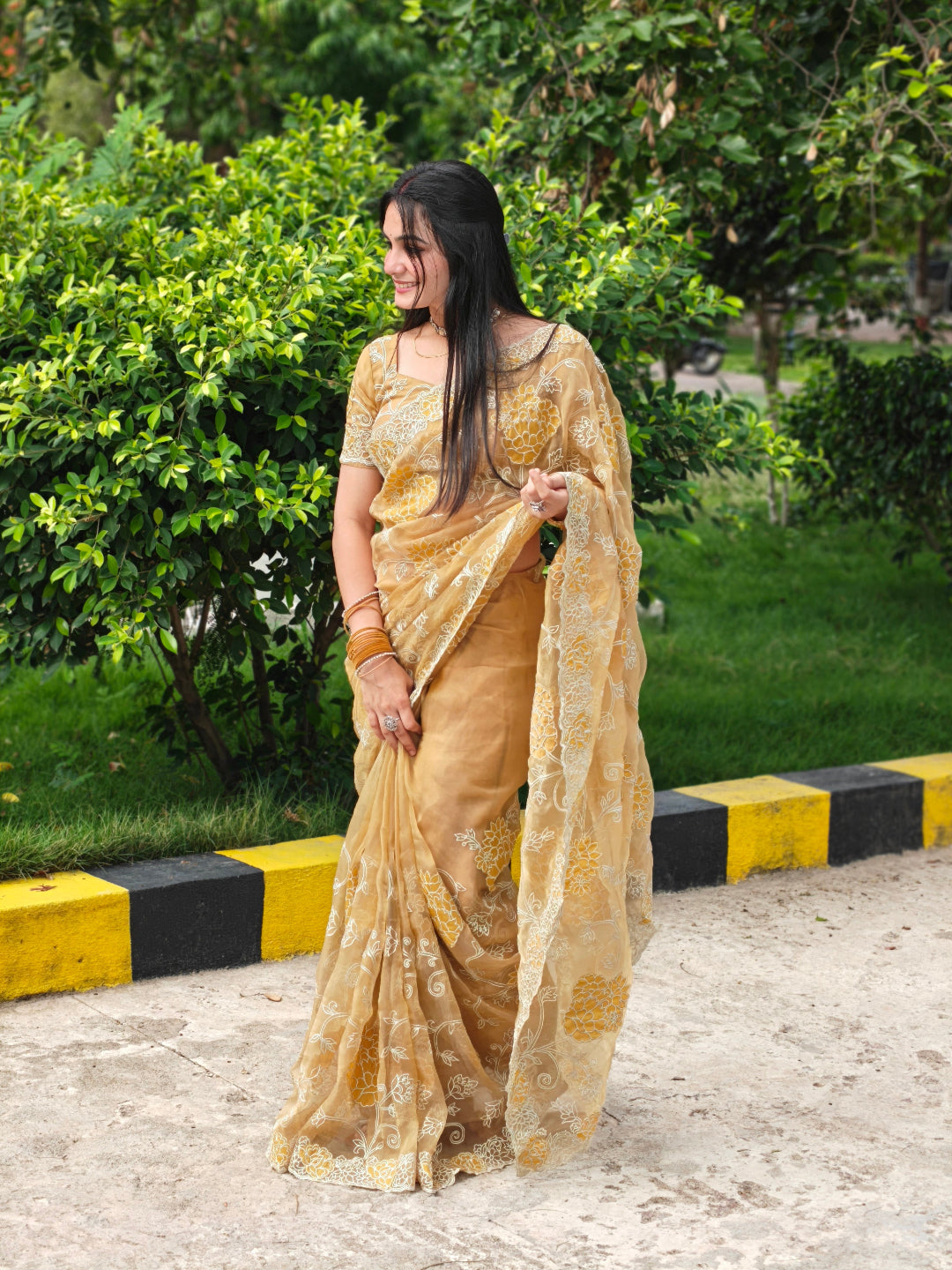 Mustard Yellow Tissue Applique Zari Floral Saree with Matching Blouse Piece