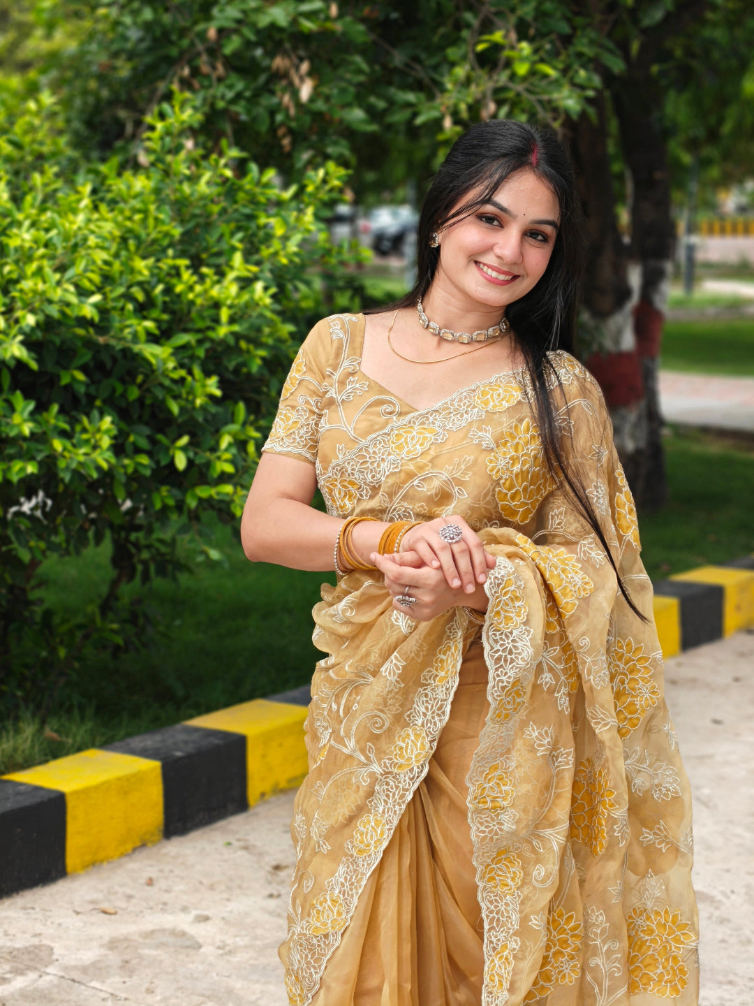 Mustard Yellow Tissue Applique Zari Floral Saree with Matching Blouse Piece