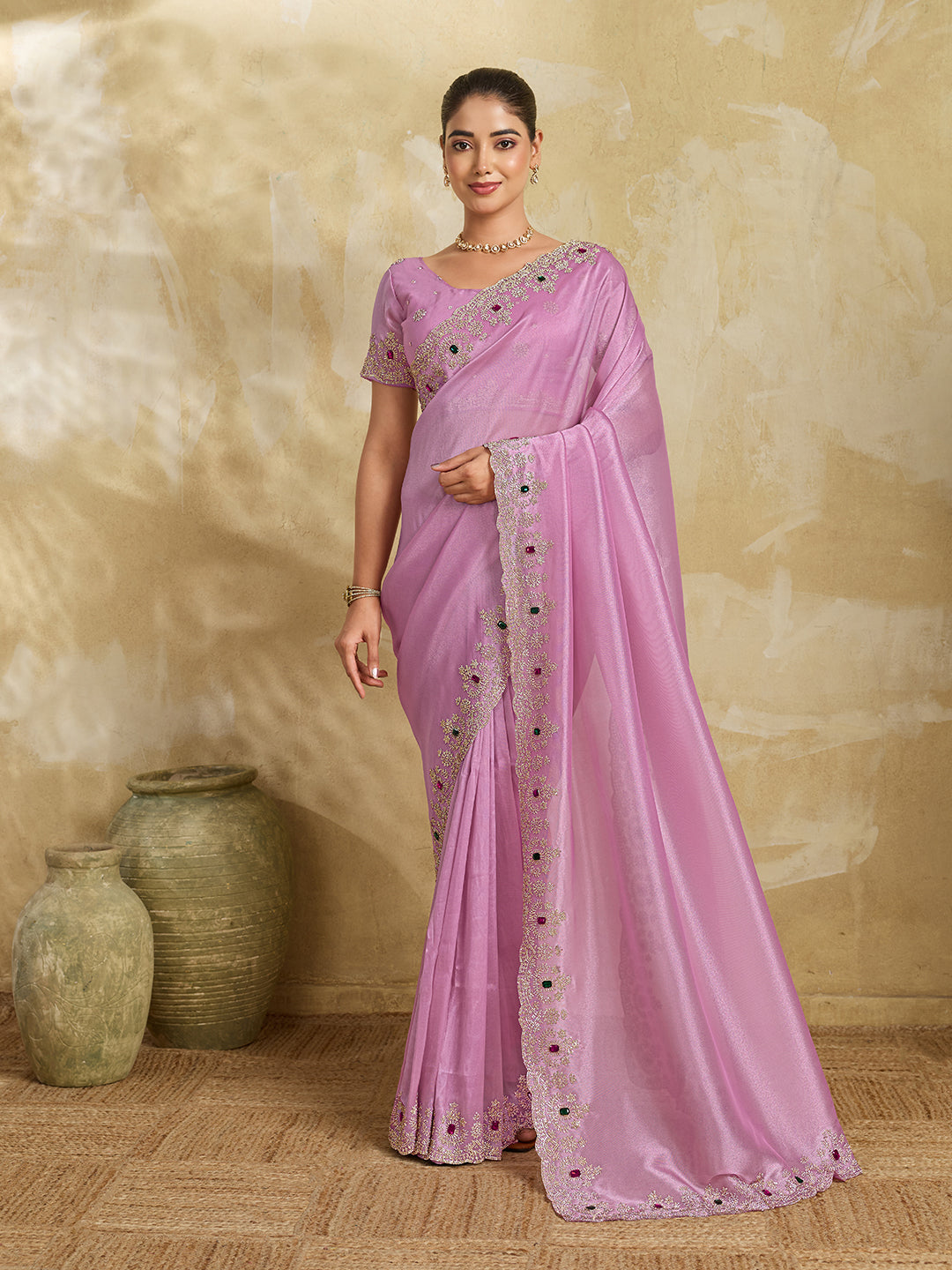 Lavender Pink Satin Saree with Multicolor Stone Embroidered Border