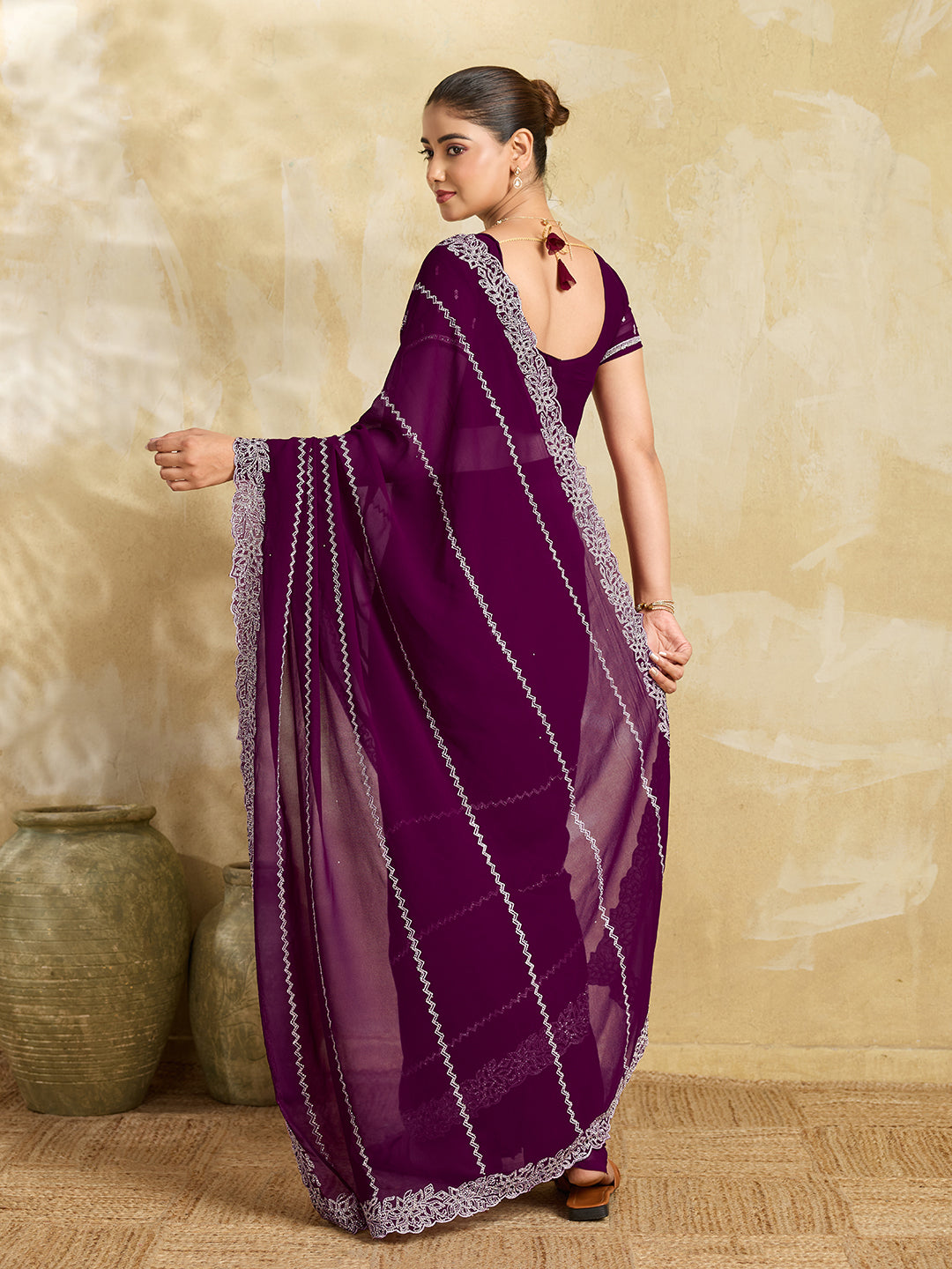 Purple Chiffon Saree with Silver Zigzag Pleat Embroidery