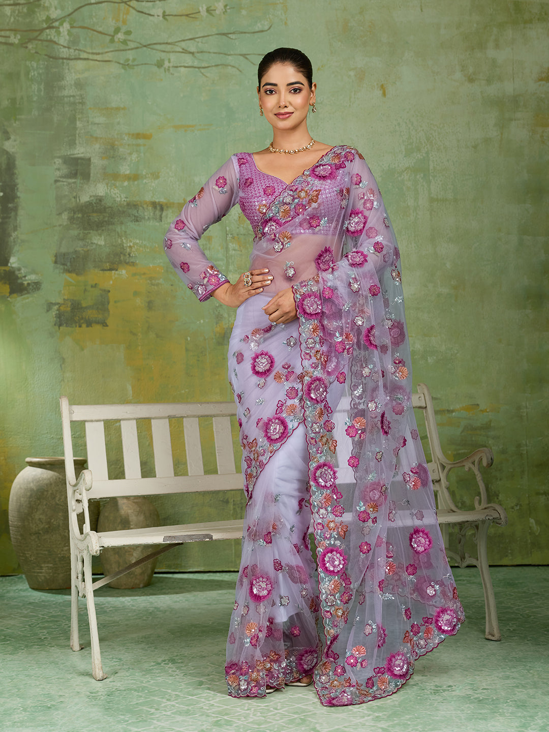 Lavender Net Saree with Multicolor 3D Floral Embroidery