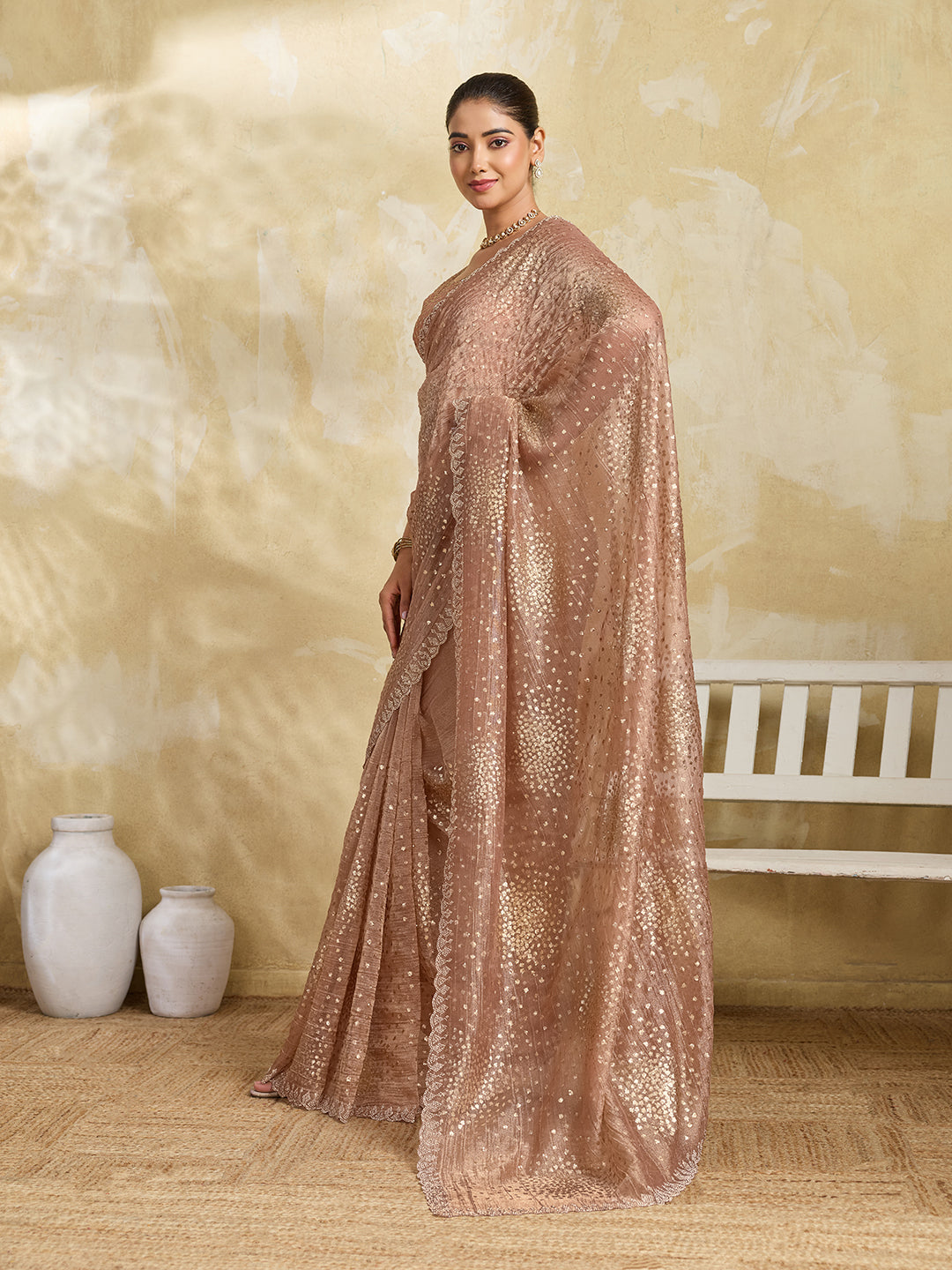 Peach Net Saree with Gold Sequin Geometric Embroidery