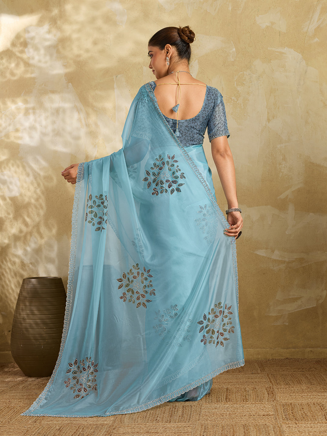 Sky Blue Organza Saree with Multicolor Leaf Cluster Embroidery