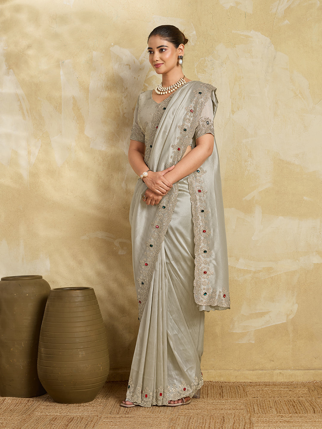 Champagne Satin Saree with Multicolor Stone Embroidered Border