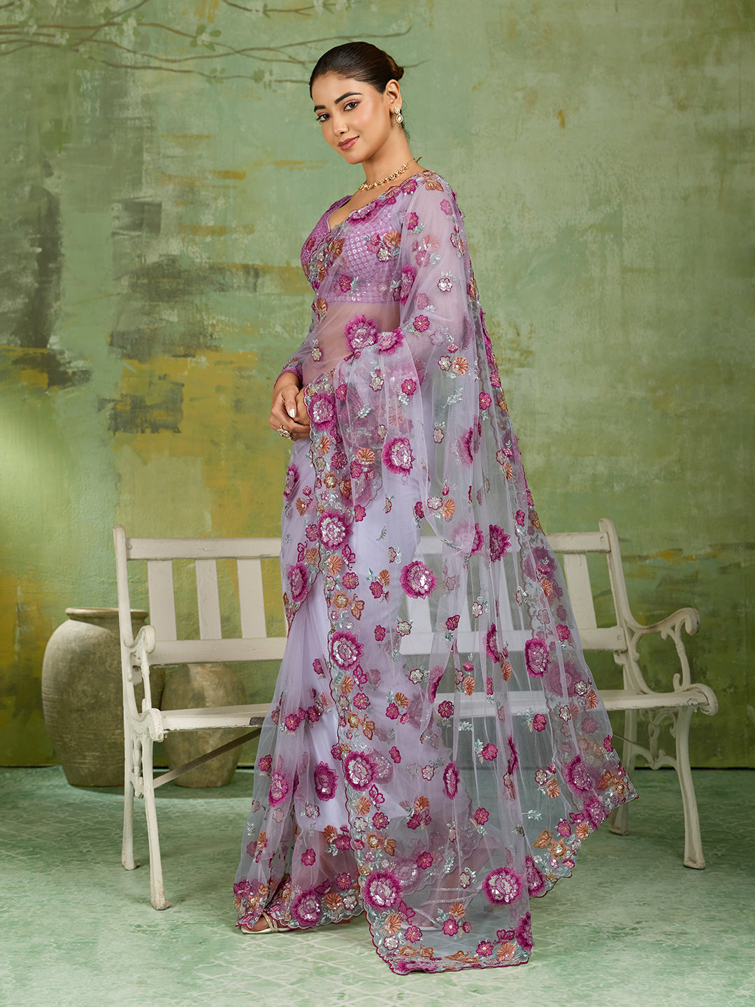 Lavender Net Saree with Multicolor 3D Floral Embroidery