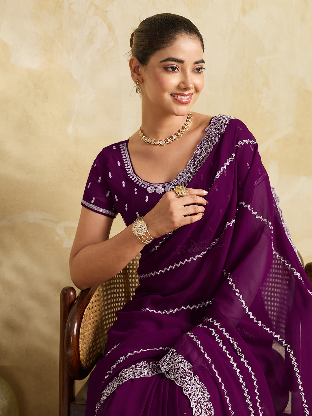 Purple Chiffon Saree with Silver Zigzag Pleat Embroidery