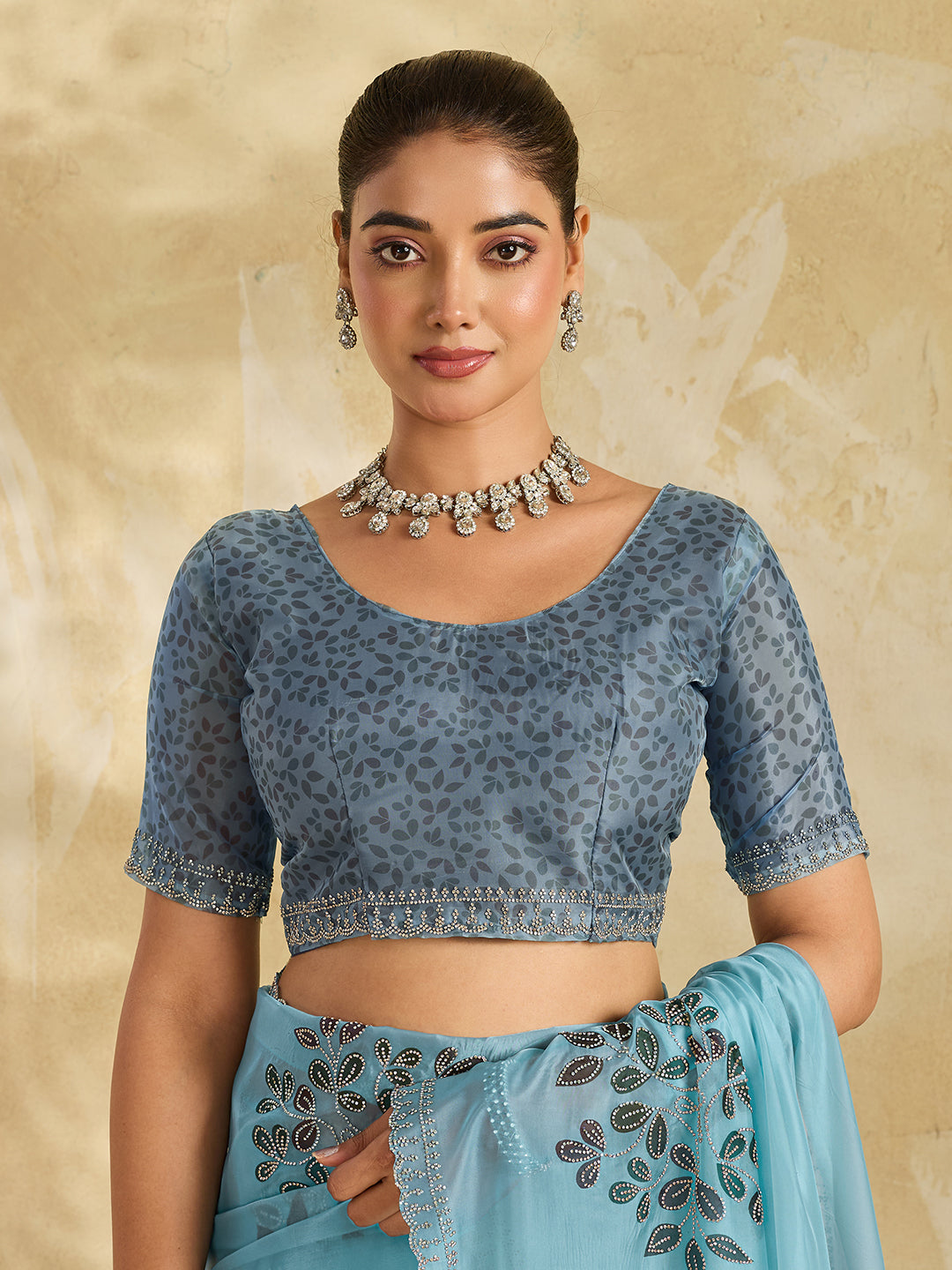 Sky Blue Organza Saree with Multicolor Leaf Cluster Embroidery