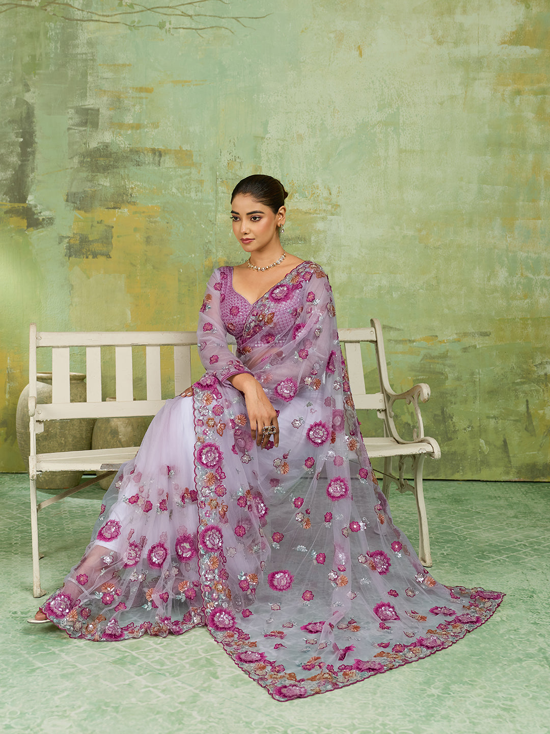 Lavender Net Saree with Multicolor 3D Floral Embroidery