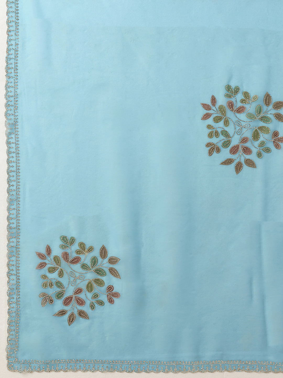 Sky Blue Organza Saree with Multicolor Leaf Cluster Embroidery