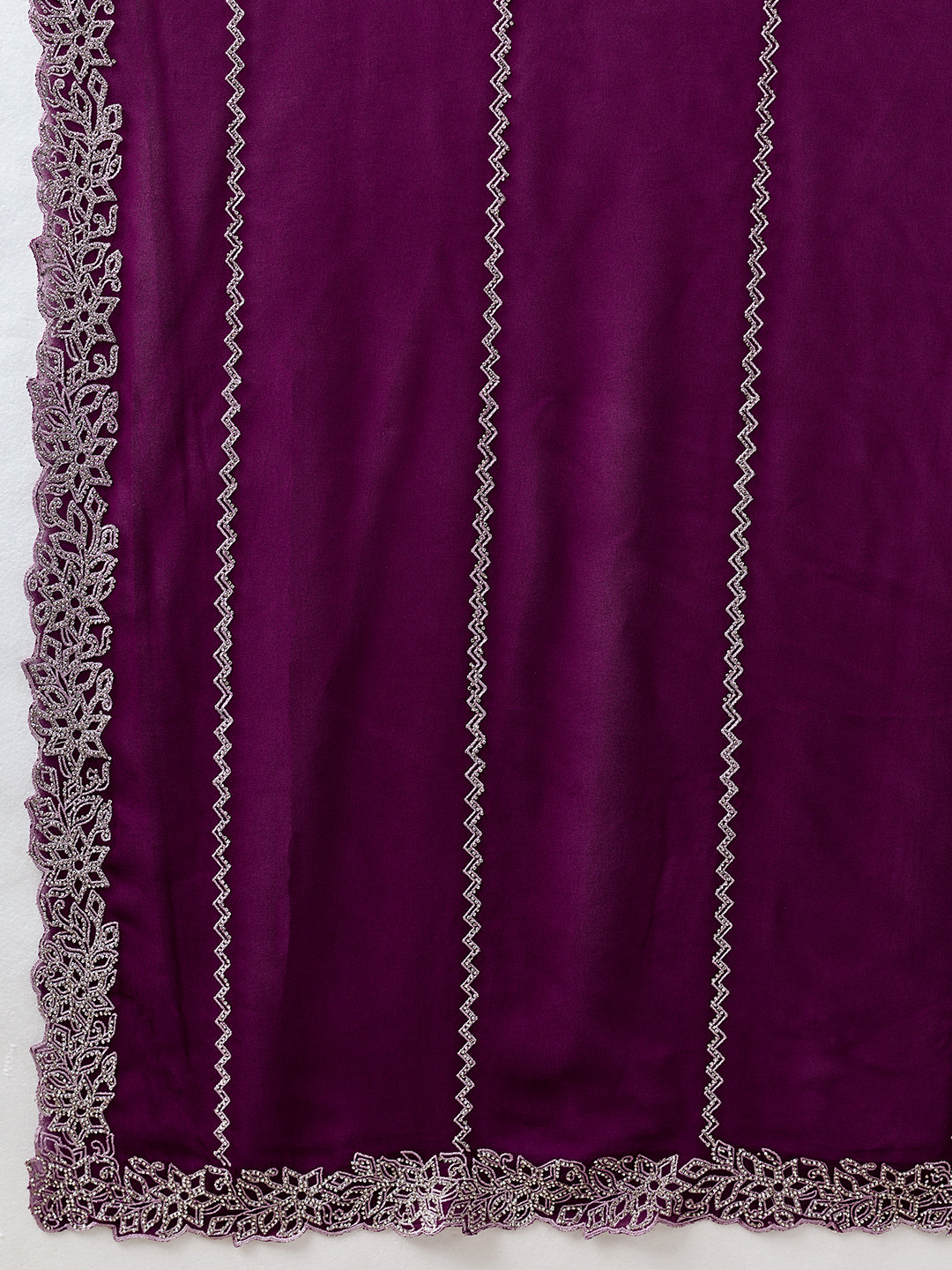 Purple Chiffon Saree with Silver Zigzag Pleat Embroidery