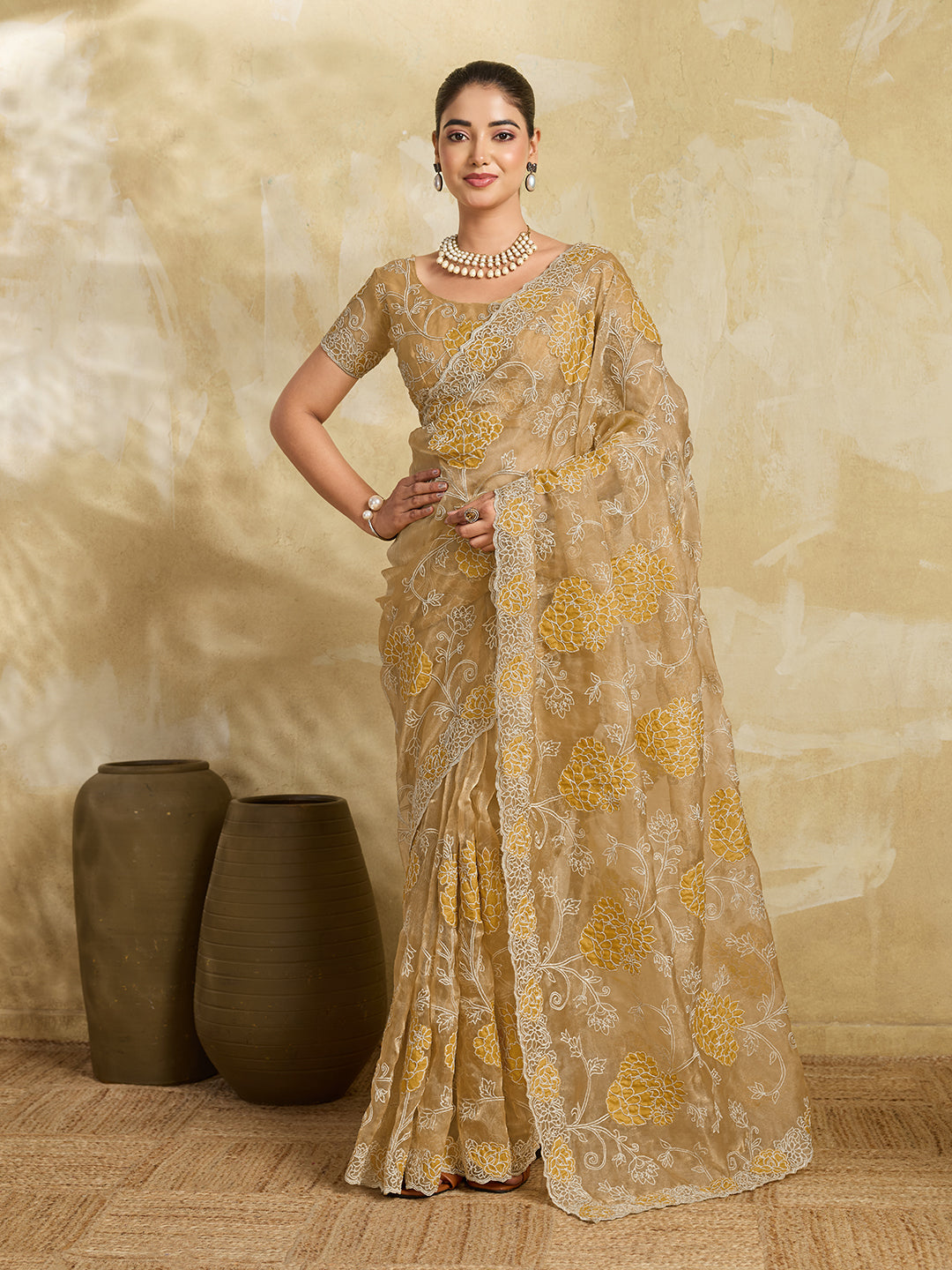 Beige Organza Saree with Yellow Floral Thread Embroidery