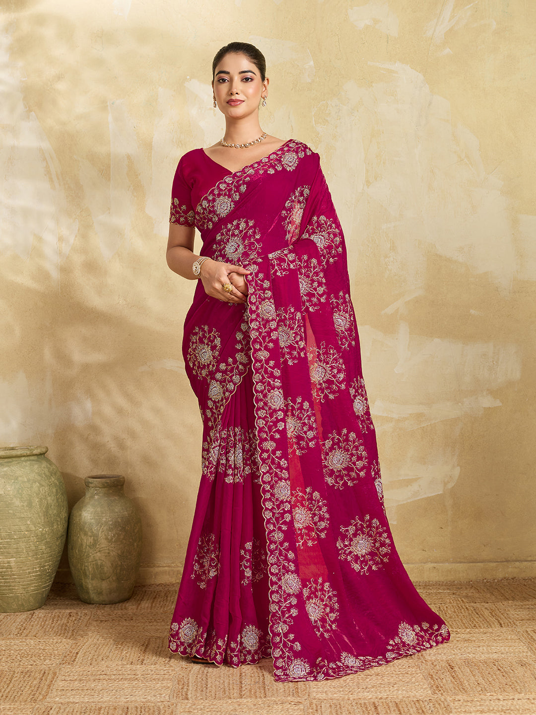 Rani Pink Georgette Saree with Gold Zari Floral Embroidery and Scalloped Border