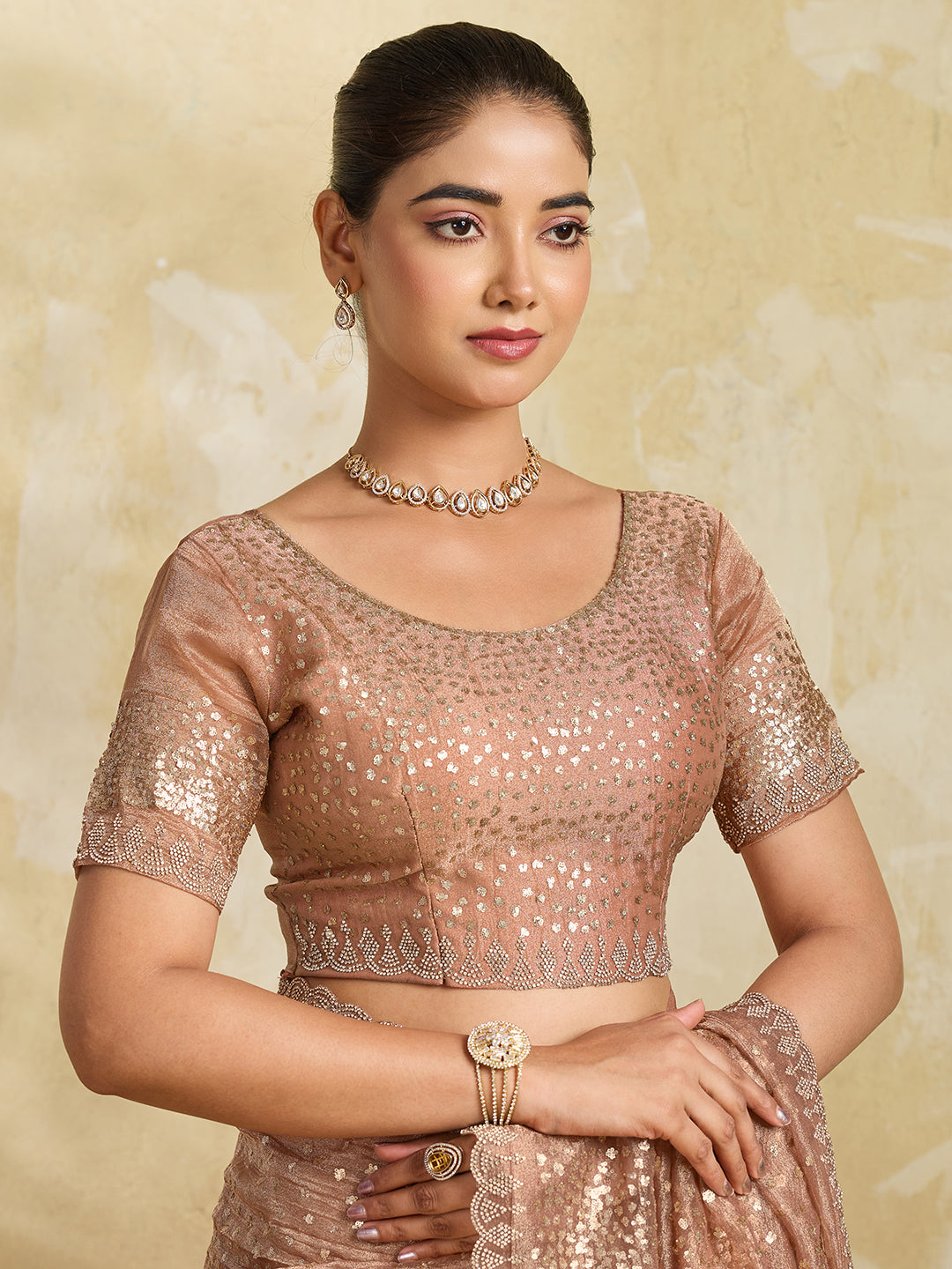 Peach Net Saree with Gold Sequin Geometric Embroidery