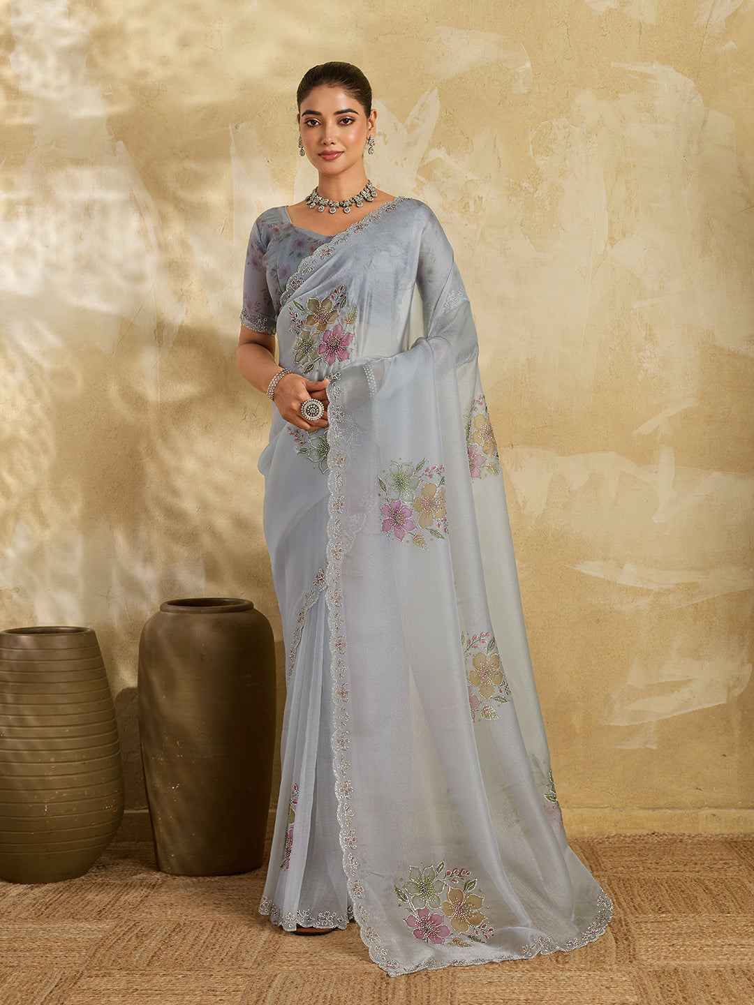 Grey Lilac Organza Saree with Multicolor Floral Bouquet Embroidery