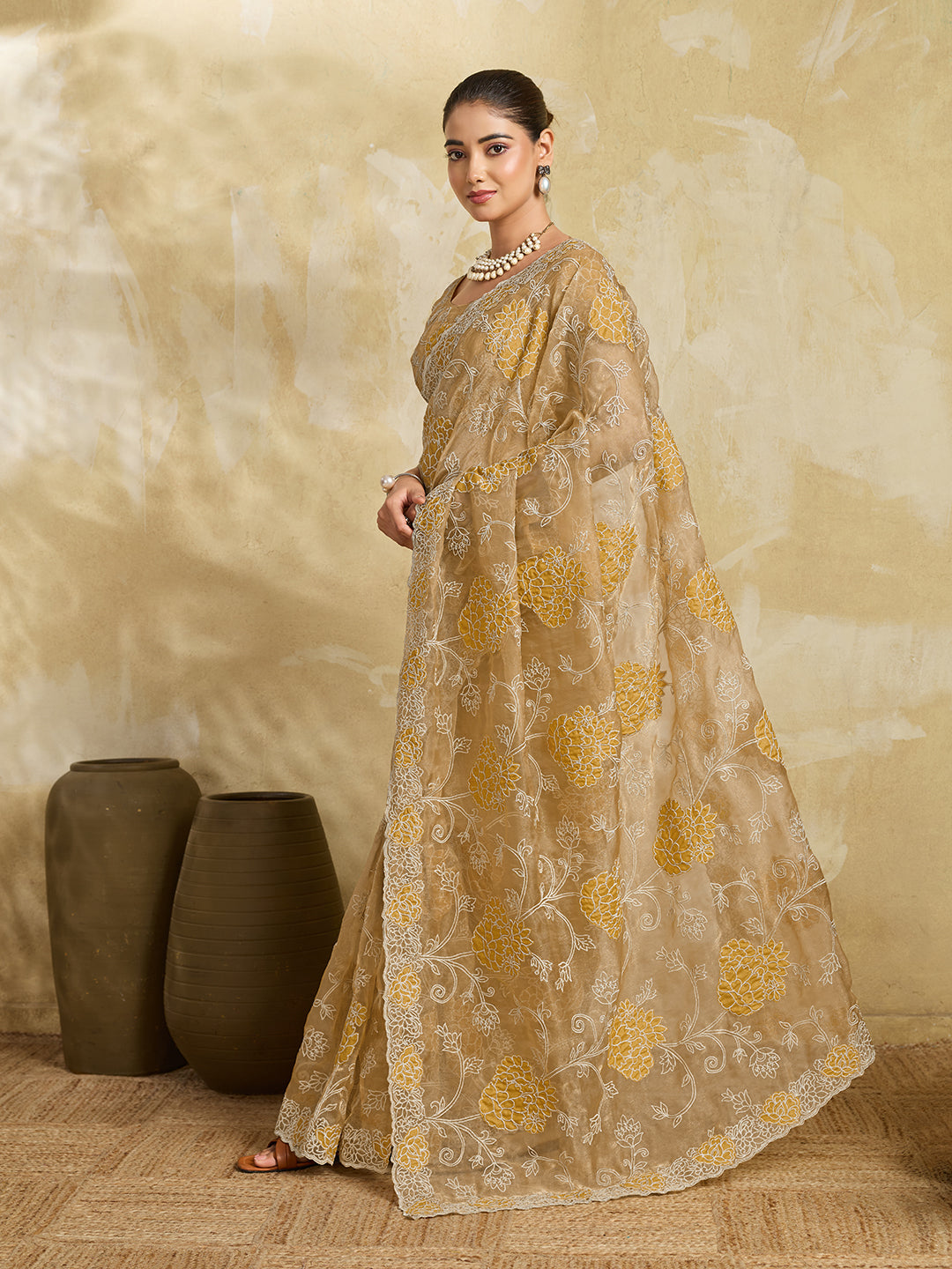 Beige Organza Saree with Yellow Floral Thread Embroidery