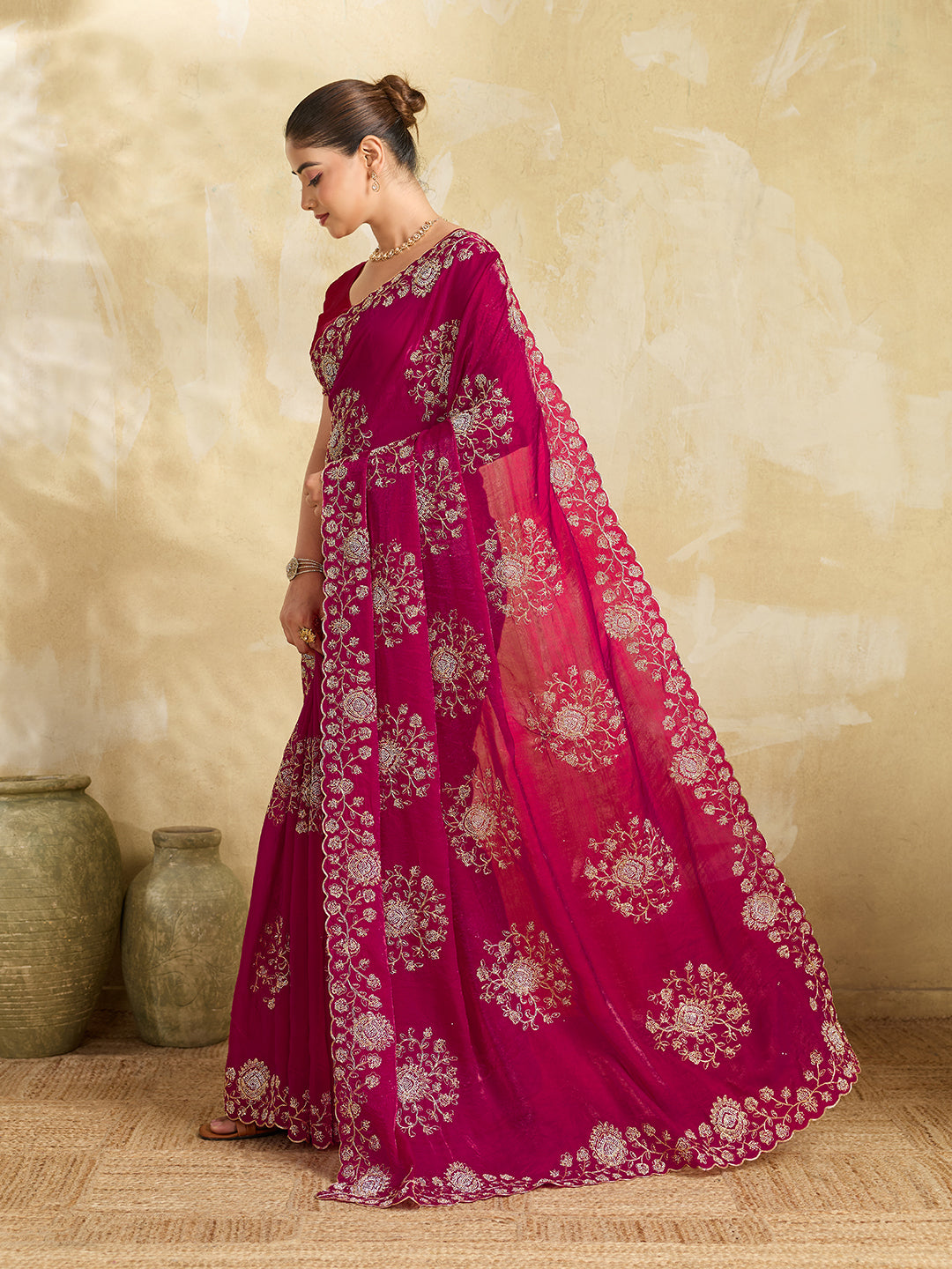 Rani Pink Georgette Saree with Gold Zari Floral Embroidery and Scalloped Border