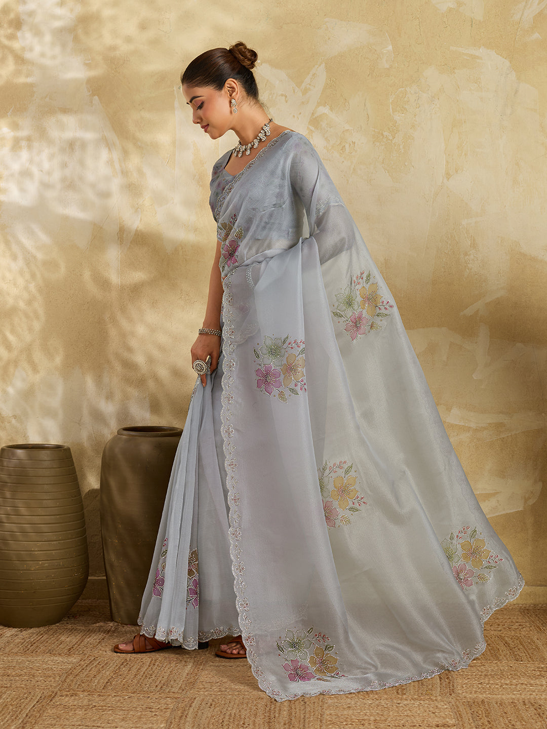 Grey Lilac Organza Saree with Multicolor Floral Bouquet Embroidery