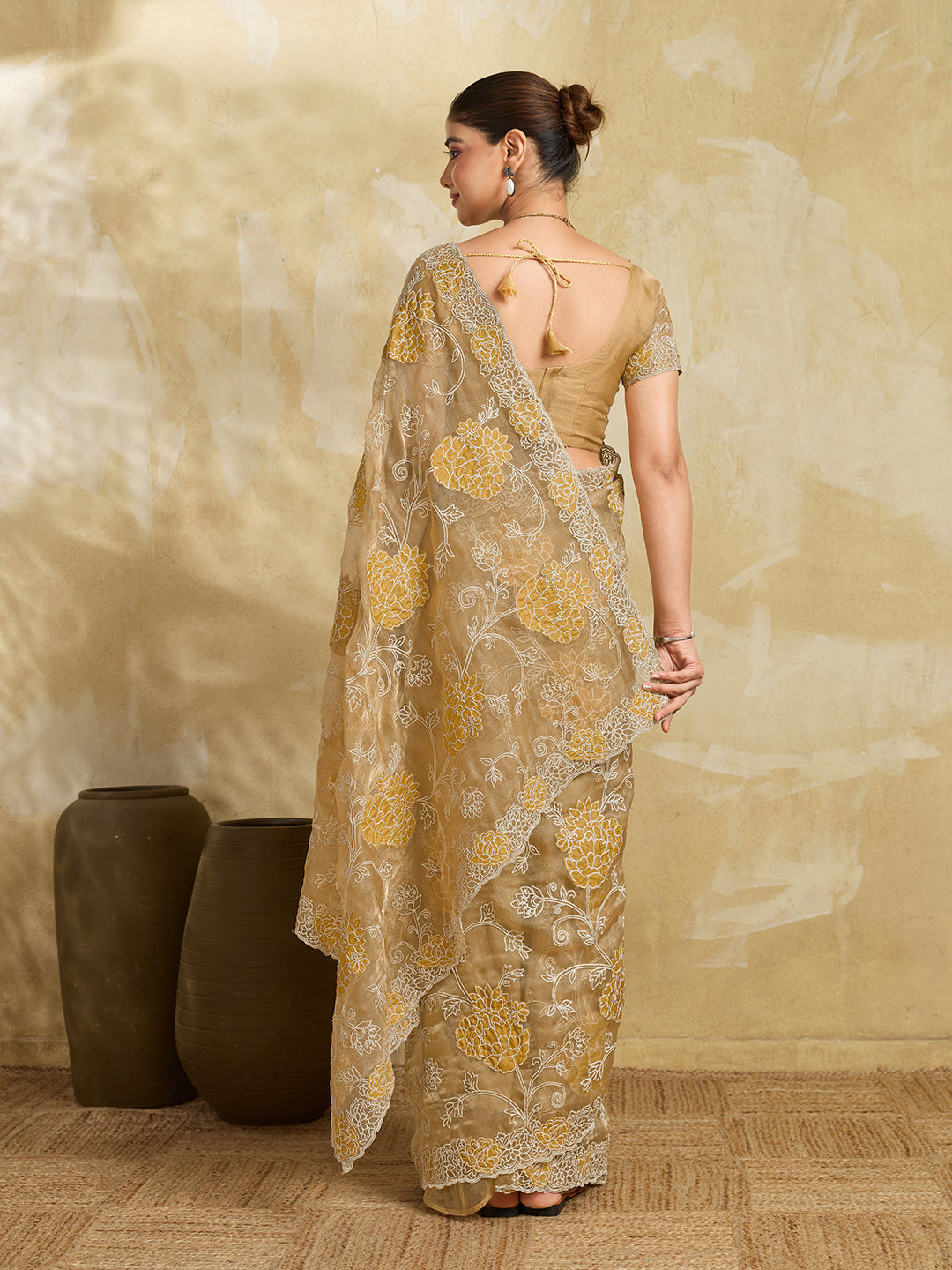 Beige Organza Saree with Yellow Floral Thread Embroidery