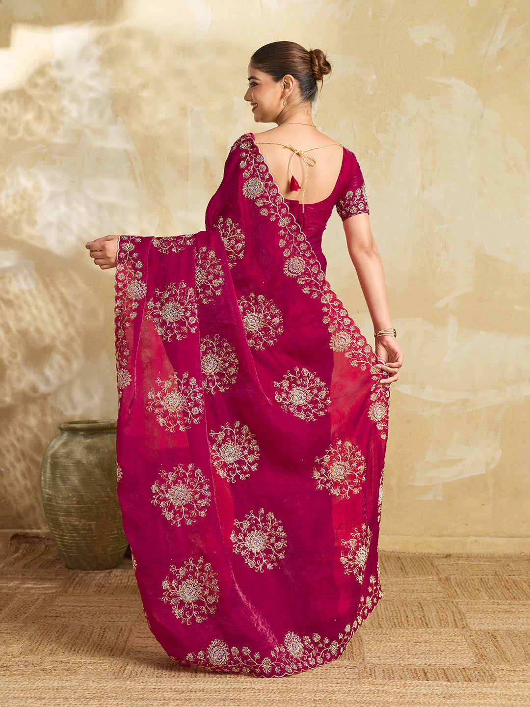 Rani Pink Georgette Saree with Gold Zari Floral Embroidery and Scalloped Border