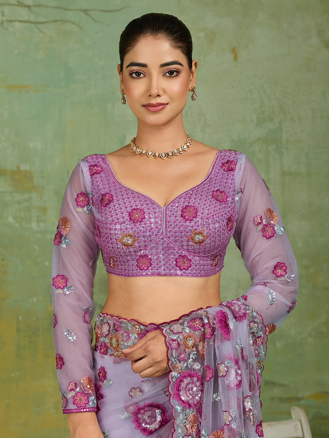 Lavender Net Saree with Multicolor 3D Floral Embroidery