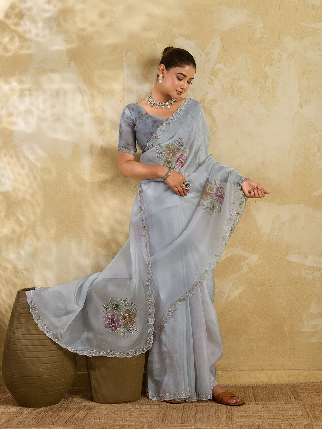 Grey Lilac Organza Saree with Multicolor Floral Bouquet Embroidery