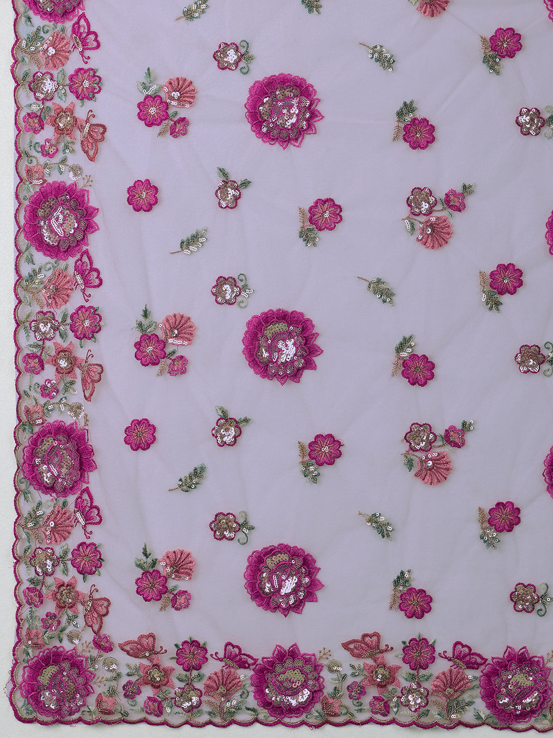 Lavender Net Saree with Multicolor 3D Floral Embroidery