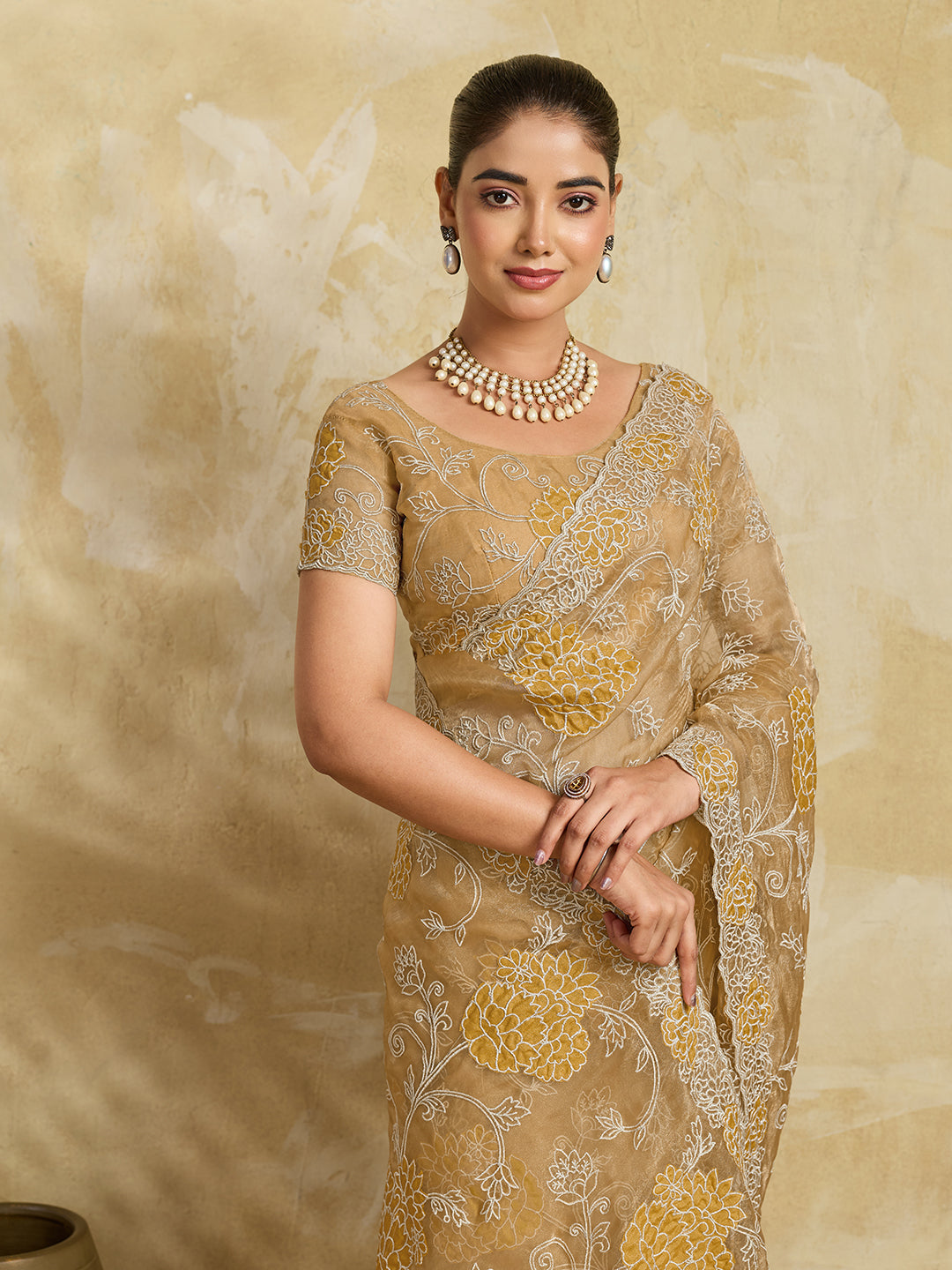 Beige Organza Saree with Yellow Floral Thread Embroidery