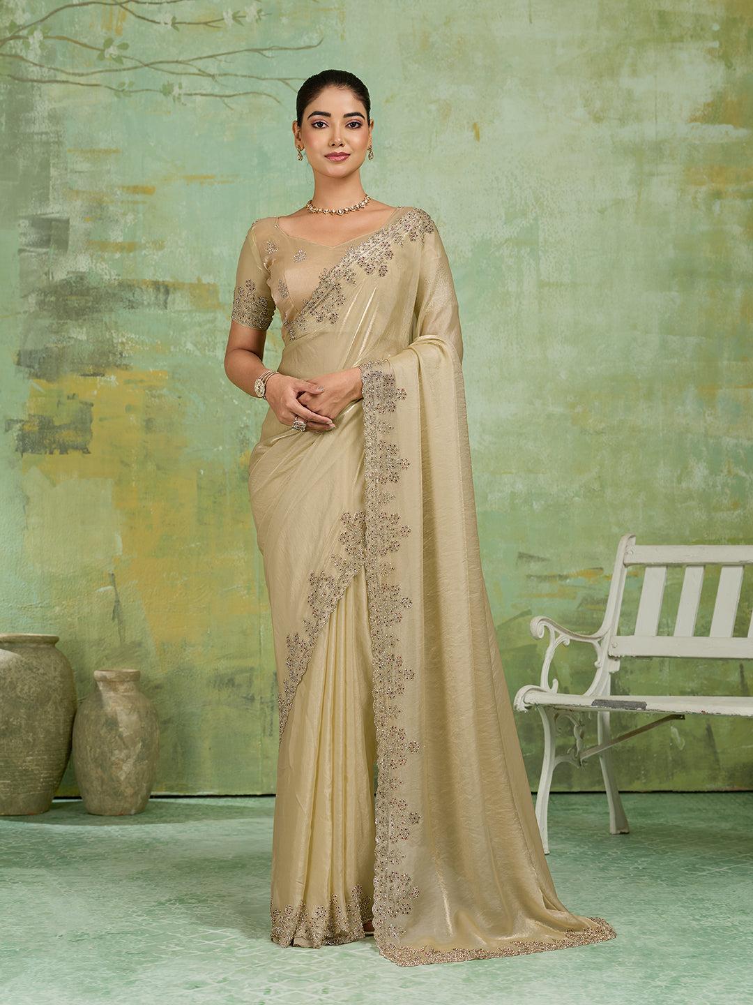 Champagne Gold Satin Saree with Stone Embroidered Border