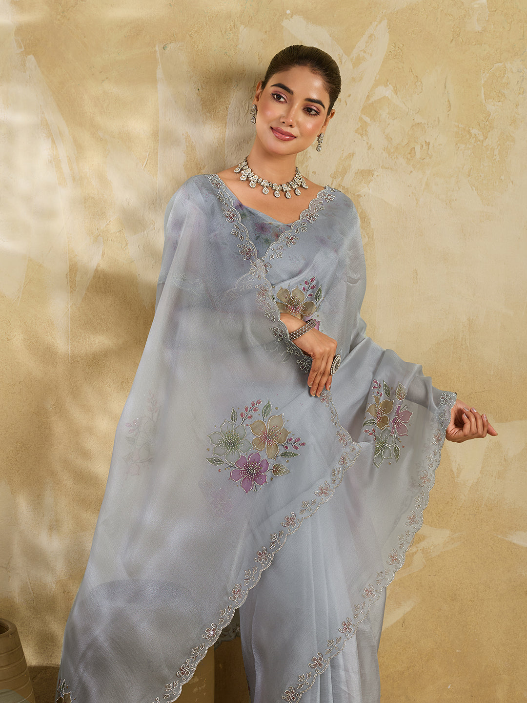 Grey Lilac Organza Saree with Multicolor Floral Bouquet Embroidery