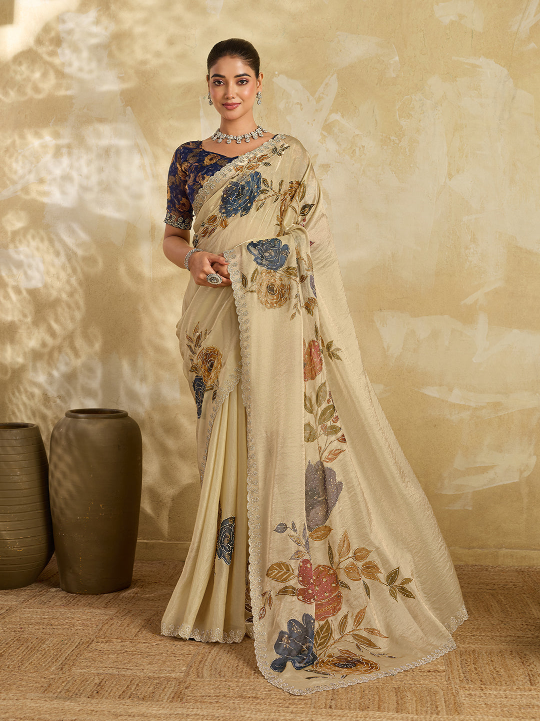 Beige Organza Saree with Digital Floral Print and Contrast Blouse