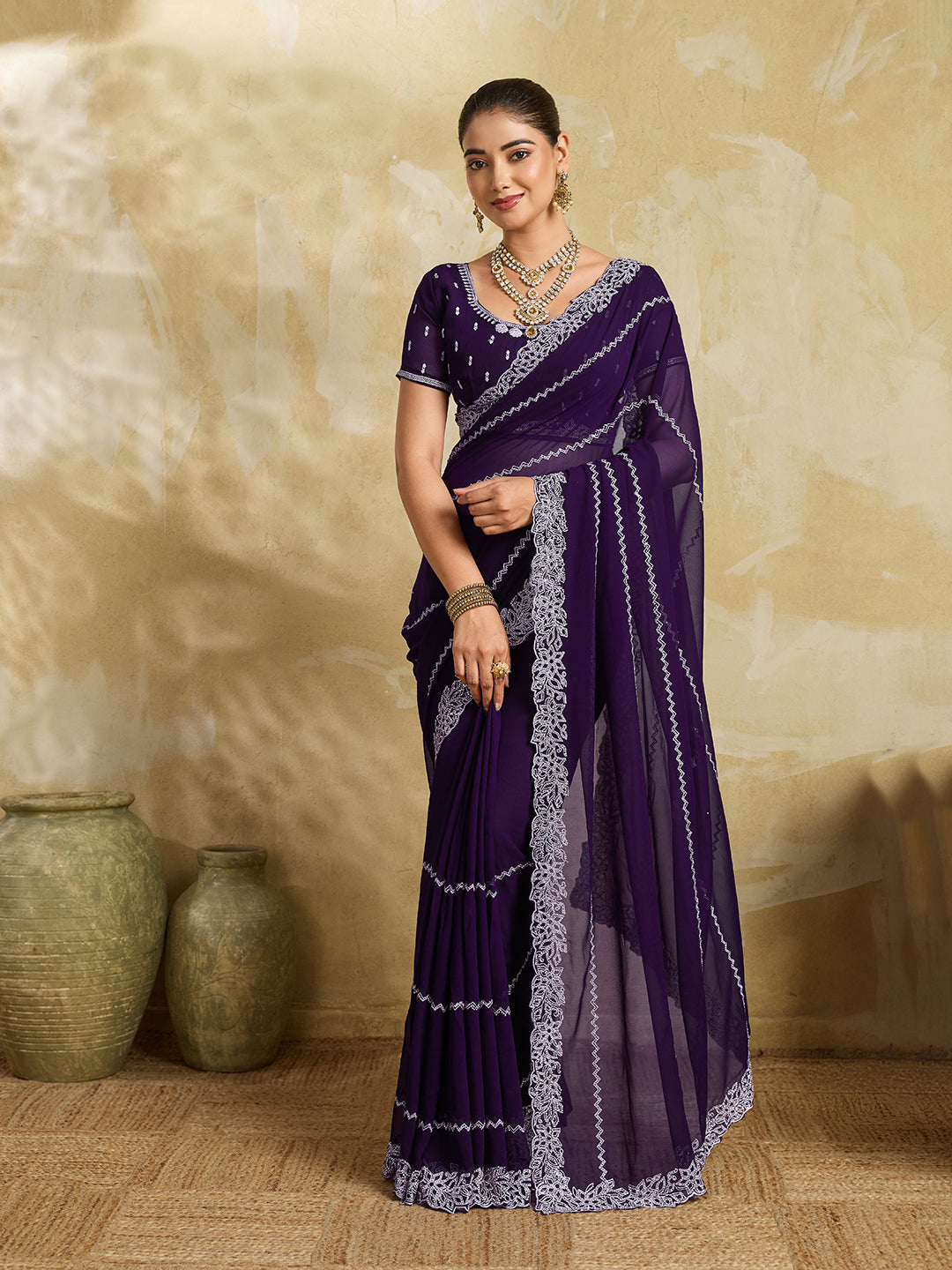 Deep Purple Chiffon Saree with Silver Zigzag Pleat Embroidery