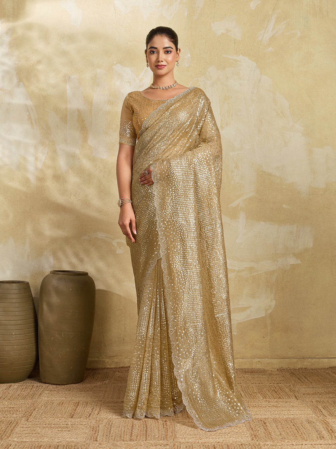 Gold Net Saree with Allover Sequin Mirror Embroidery