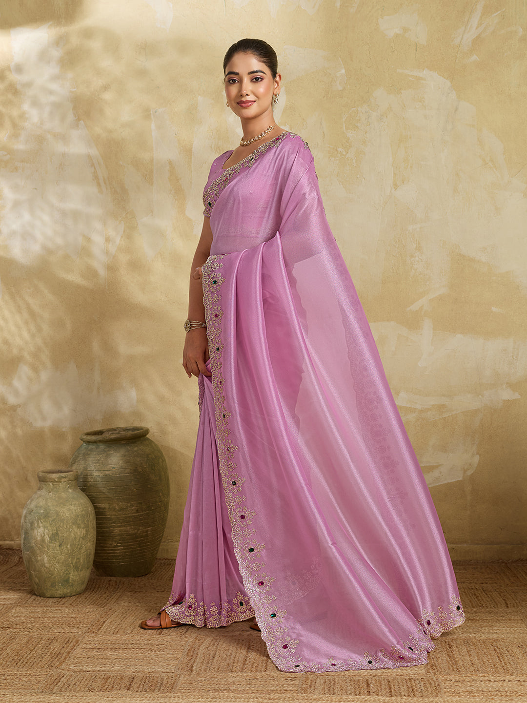 Lavender Pink Satin Saree with Multicolor Stone Embroidered Border