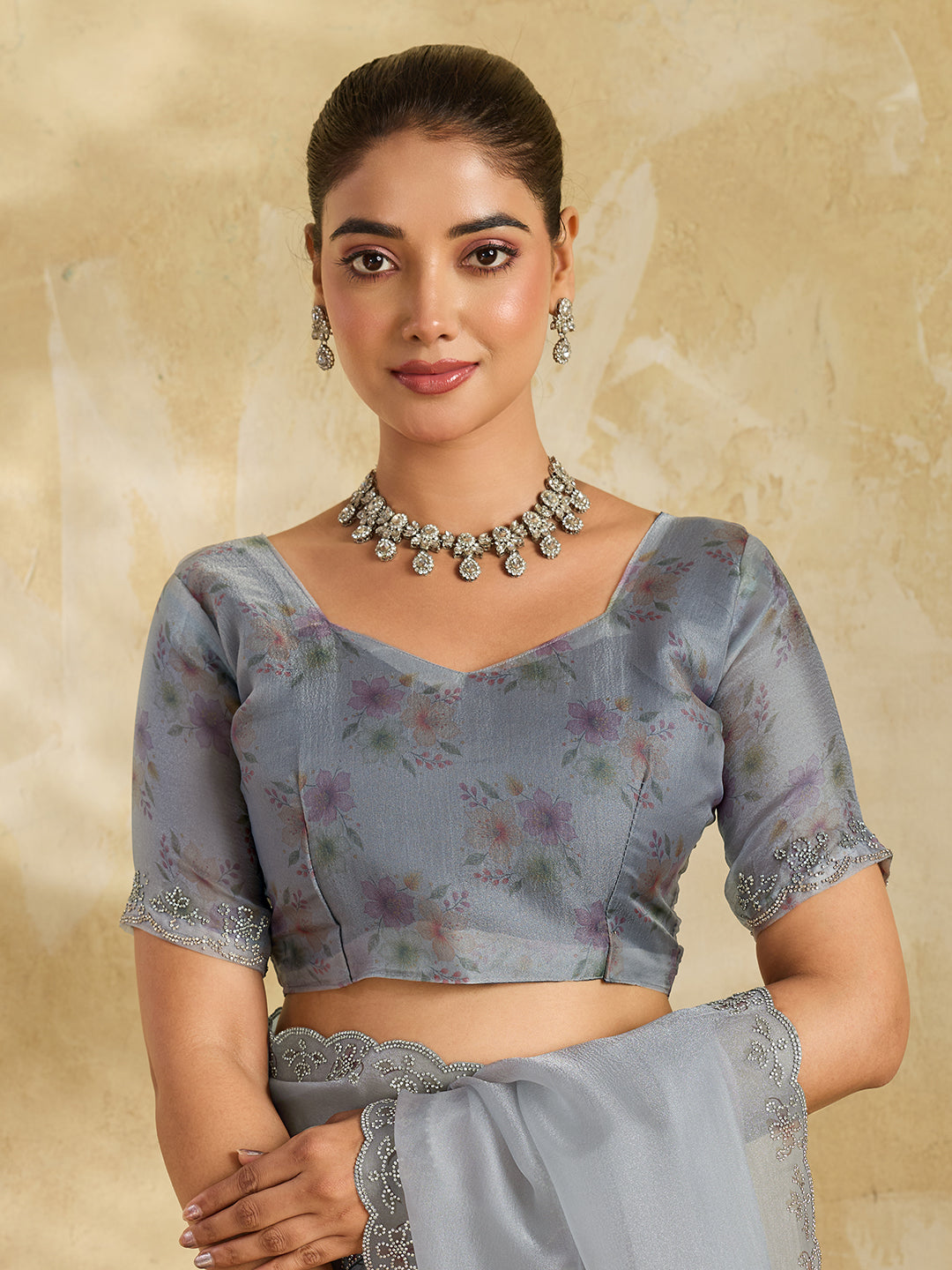 Grey Lilac Organza Saree with Multicolor Floral Bouquet Embroidery