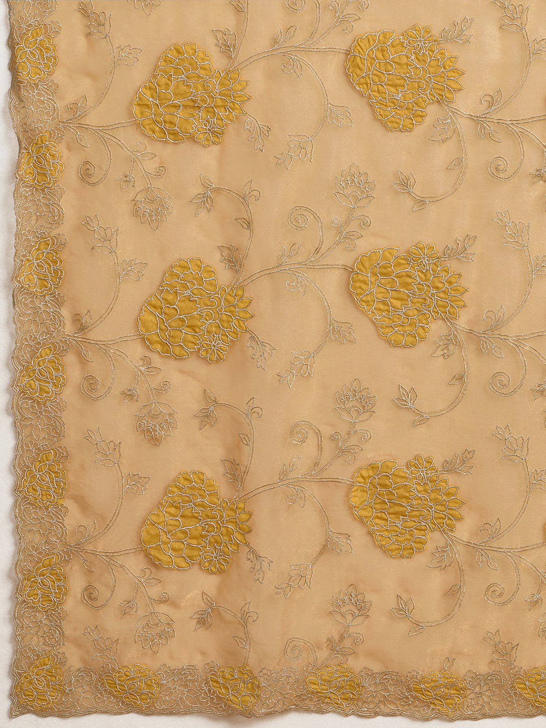 Beige Organza Saree with Yellow Floral Thread Embroidery