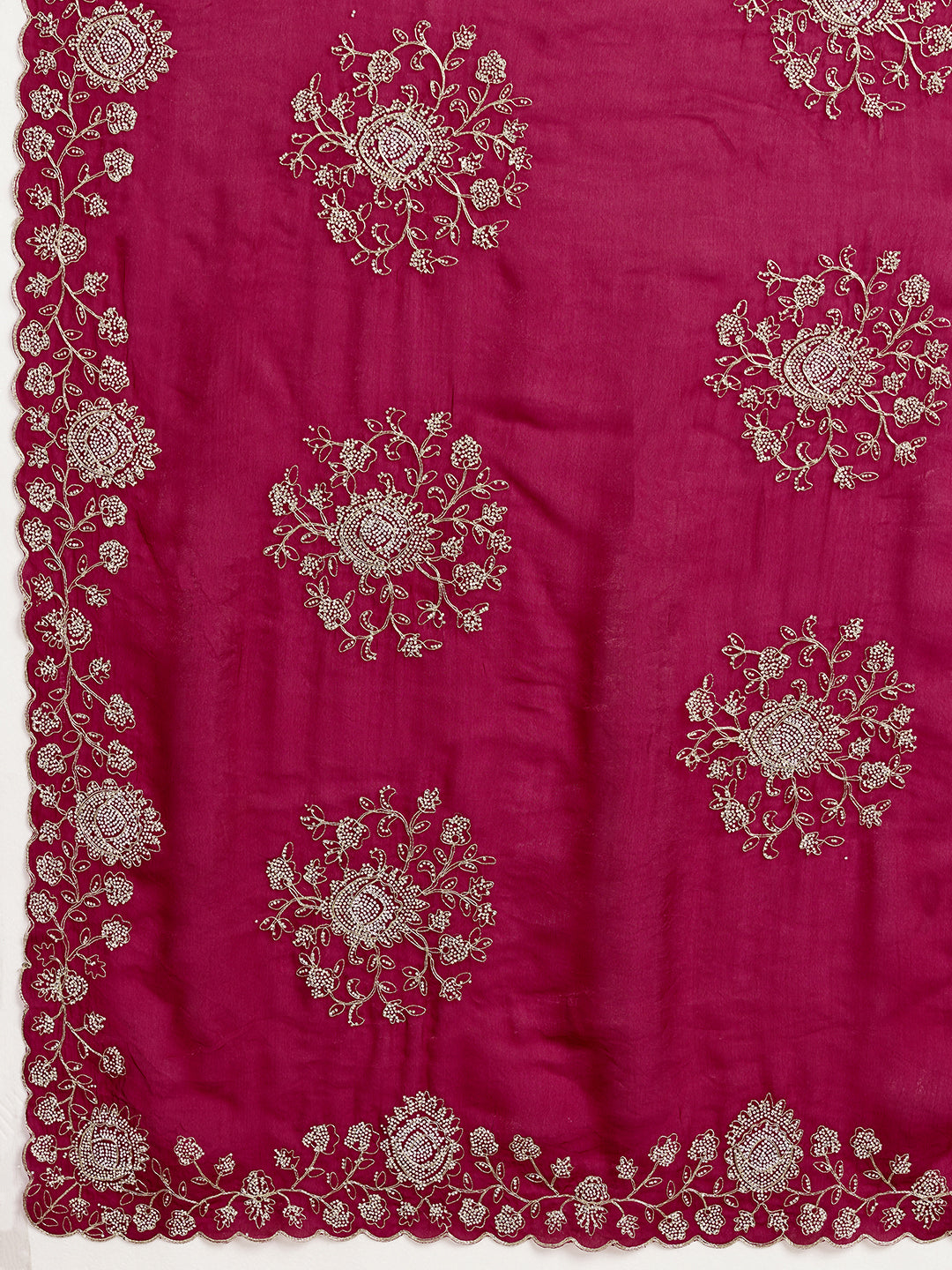 Rani Pink Georgette Saree with Gold Zari Floral Embroidery and Scalloped Border