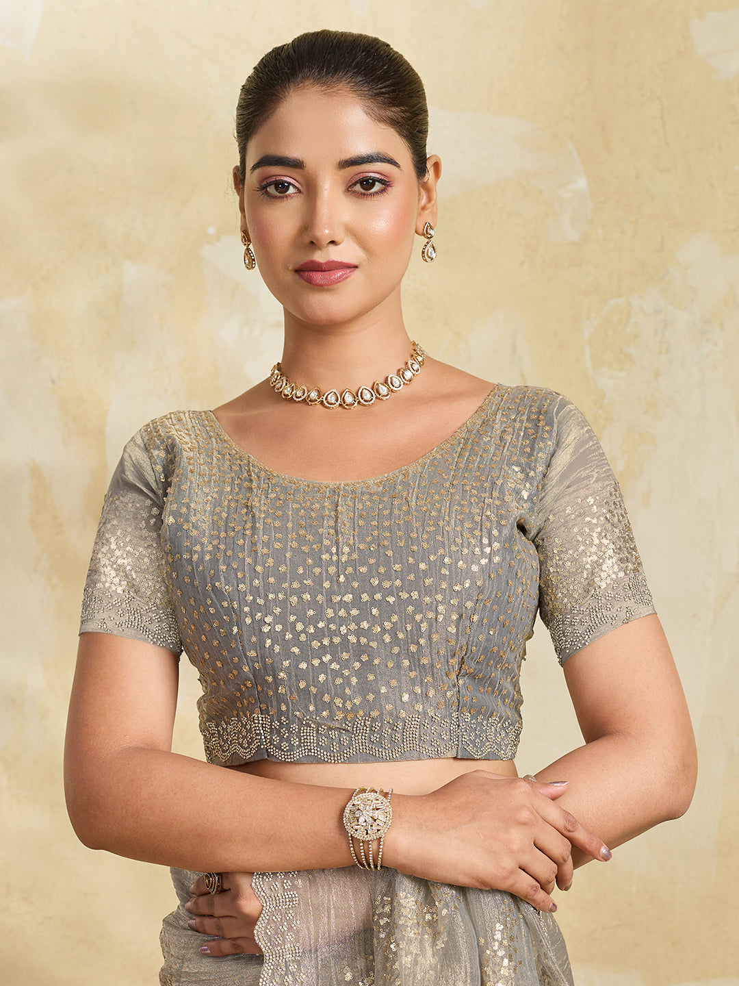 Grey Shimmer Saree with Diagonal Sequin Stripe Embroidery
