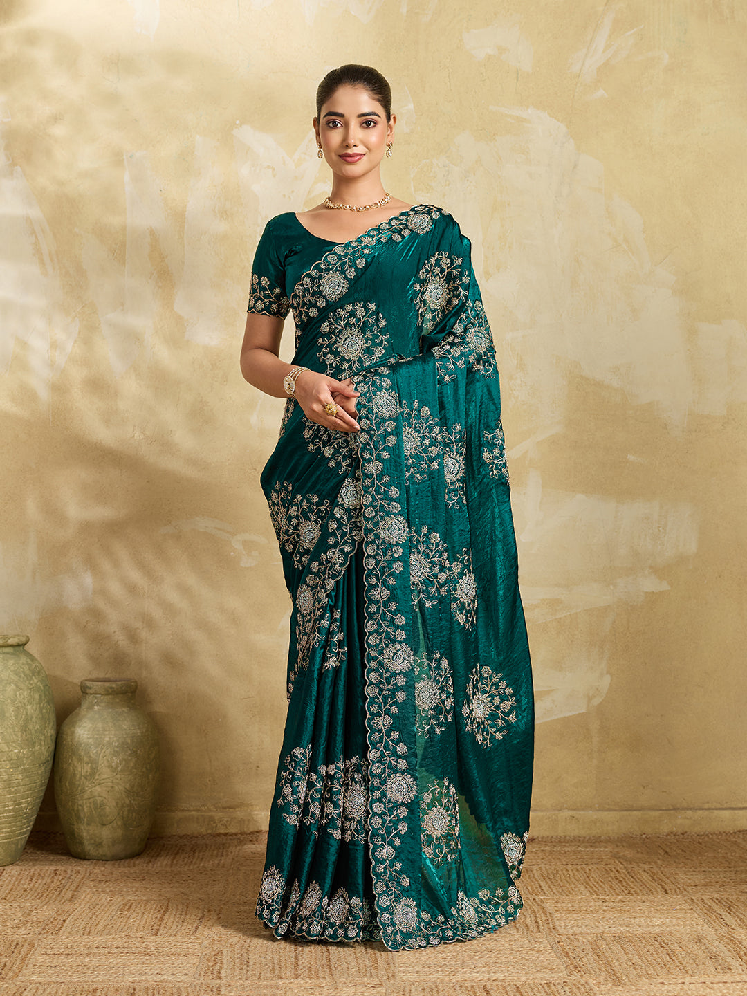 Rama Green Georgette Saree with Gold Zari Floral Embroidery and Scalloped Border