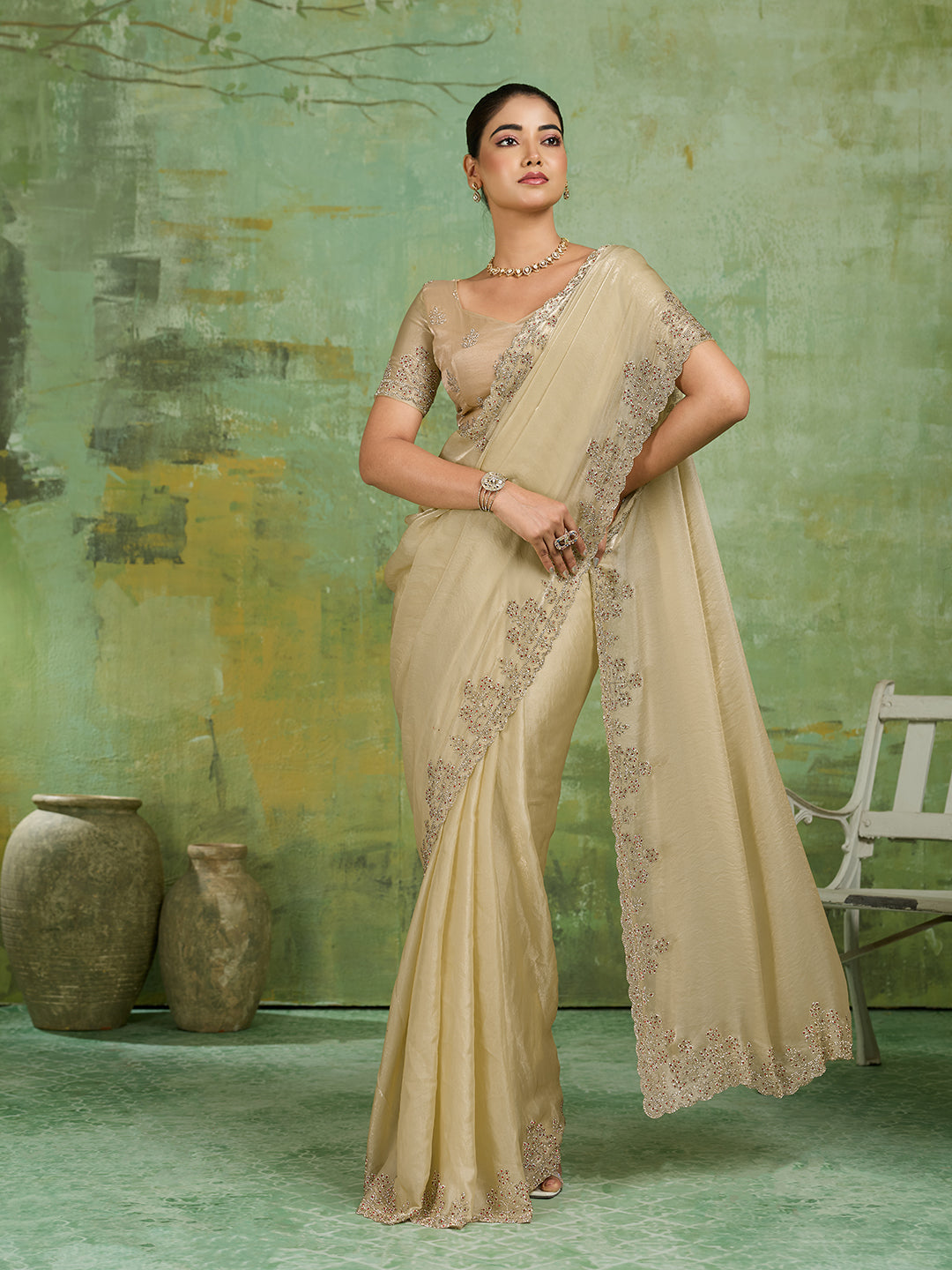 Champagne Gold Satin Saree with Stone Embroidered Border