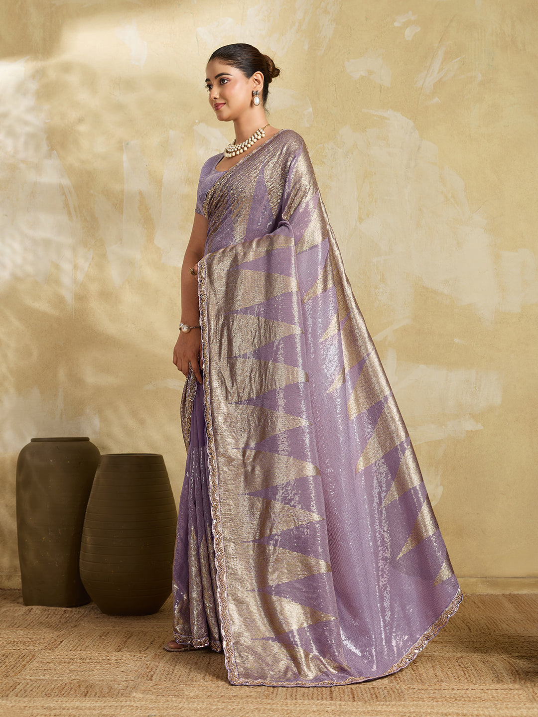 Lavender Shimmer Saree with Geometric Gold Sequin Pattern