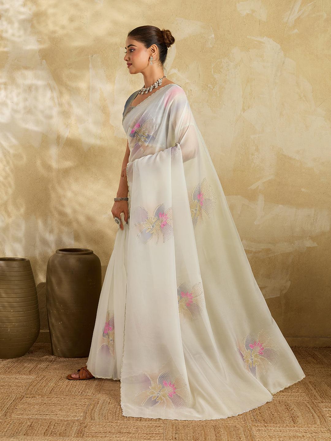 Off White Organza Saree with Digital Lotus Print and Stone Embroidery