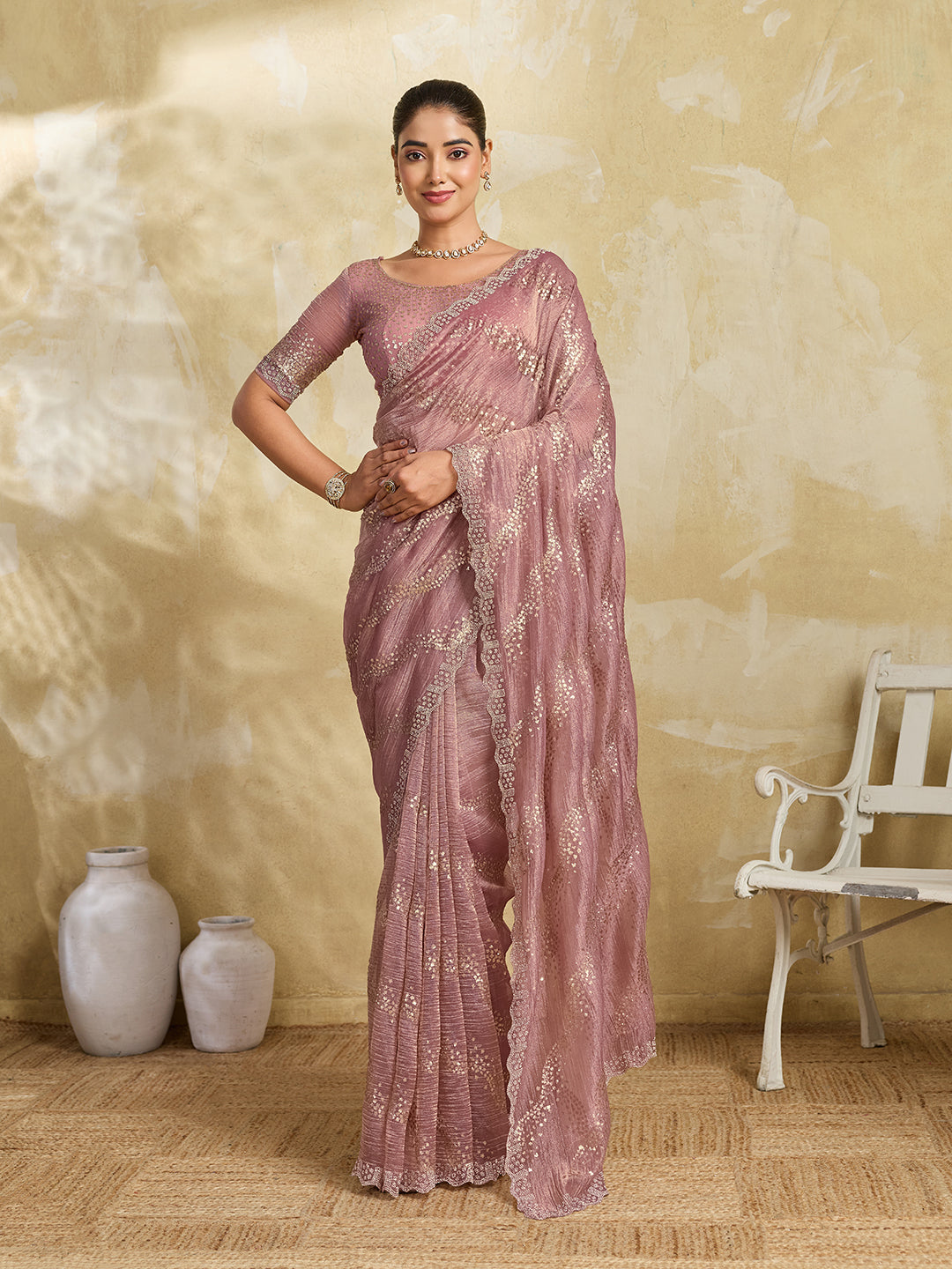 Mauve Pink Shimmer Saree with Diagonal Sequin Stripe Embroidery